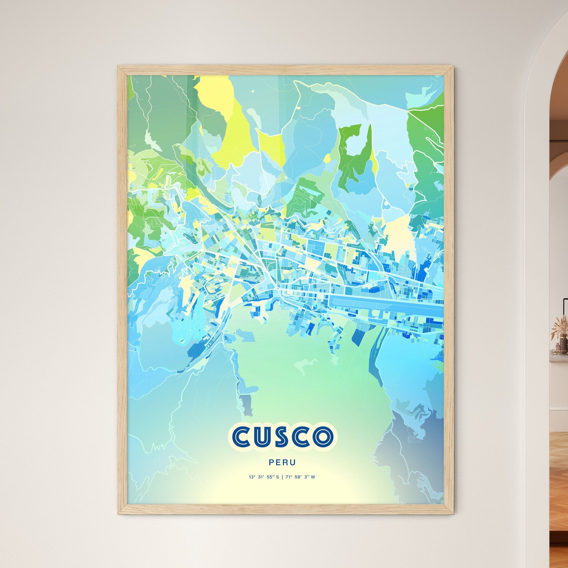 Colorful CUSCO PERU Fine Art Map Cool Blue