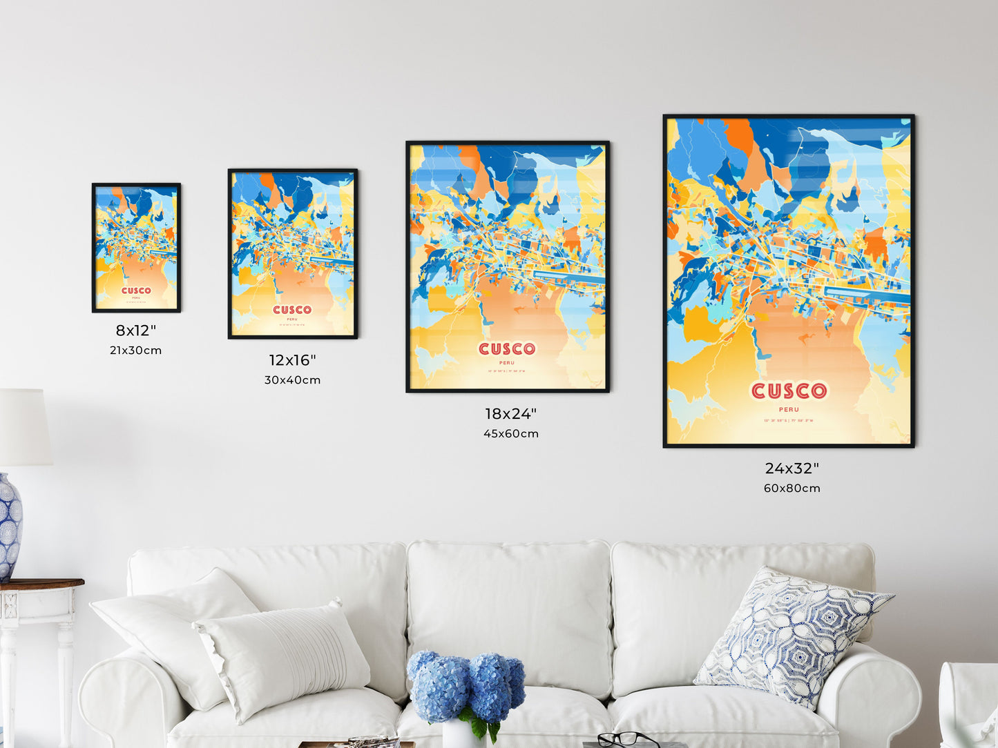 Colorful CUSCO PERU Fine Art Map Blue Orange