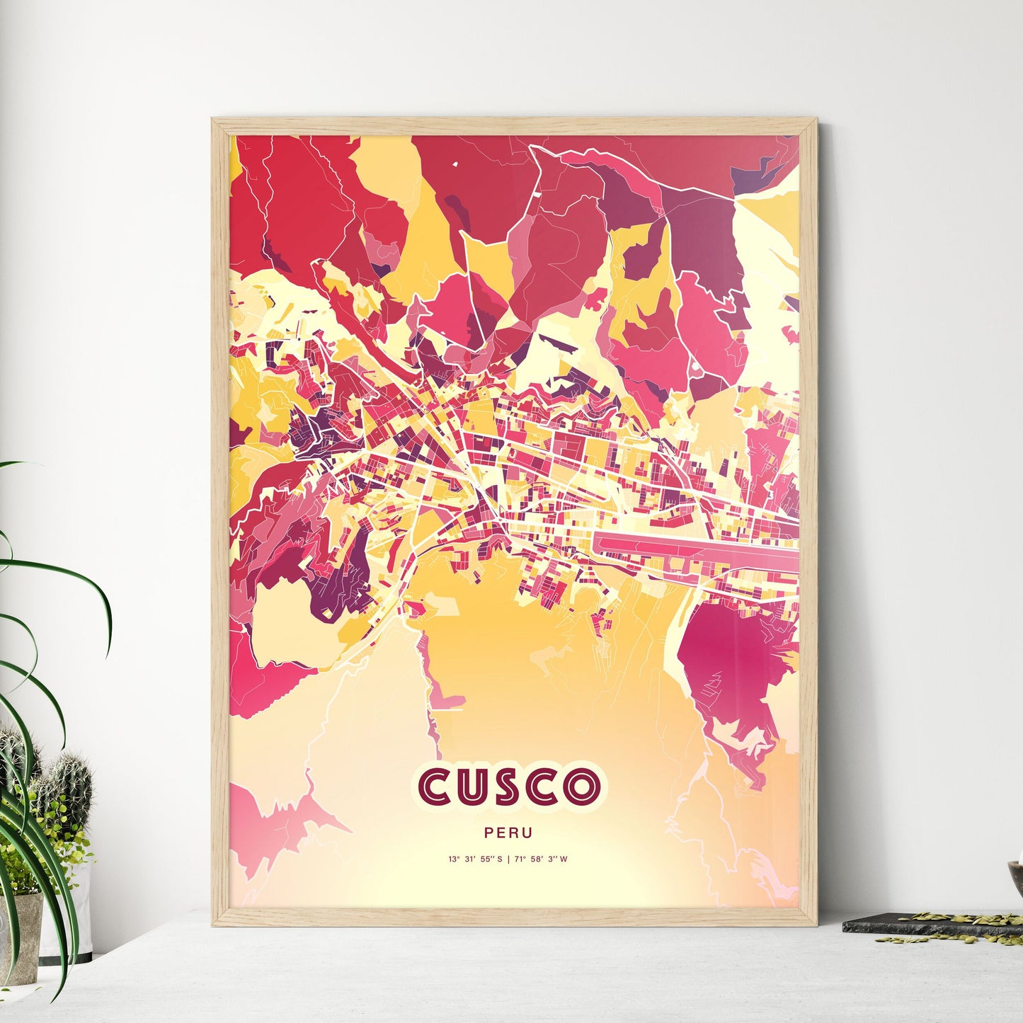 Colorful CUSCO PERU Fine Art Map Hot Red