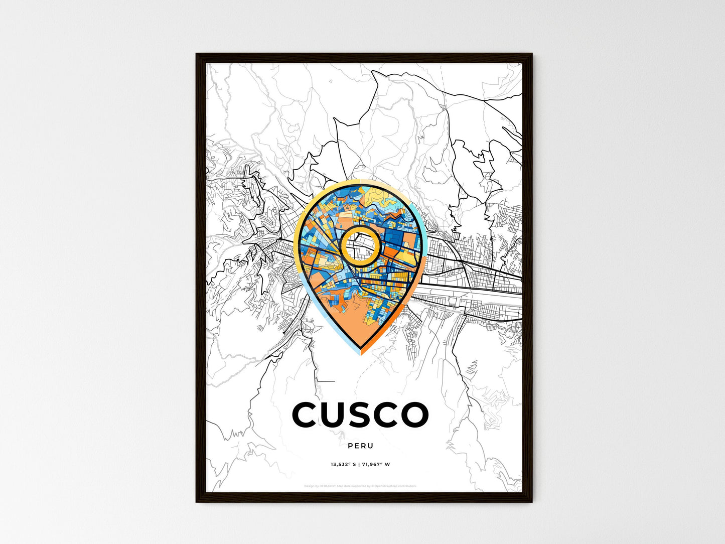 Cusco Peru wedding art map with pointer icon