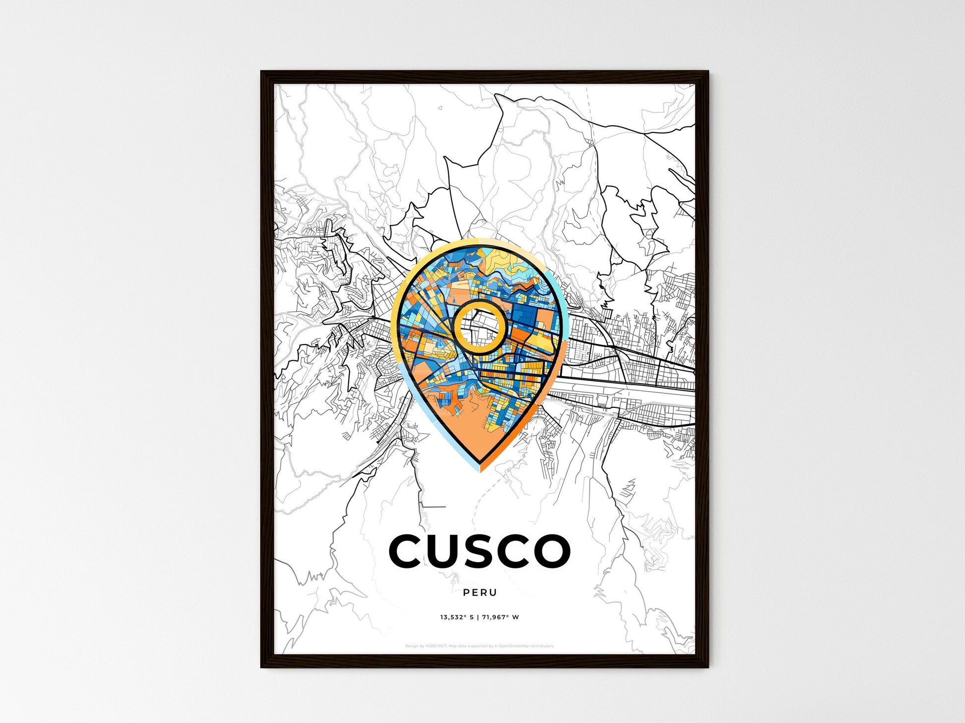 Cusco Peru wedding art map with pointer icon
