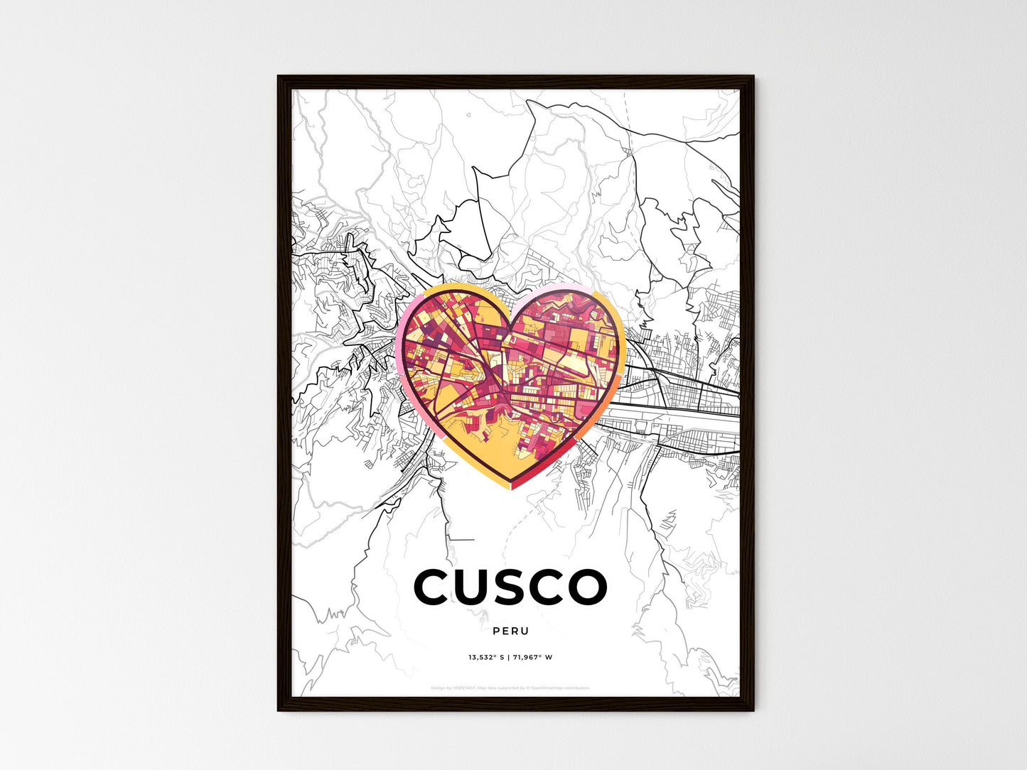 Cusco Peru wedding art map with heart icon