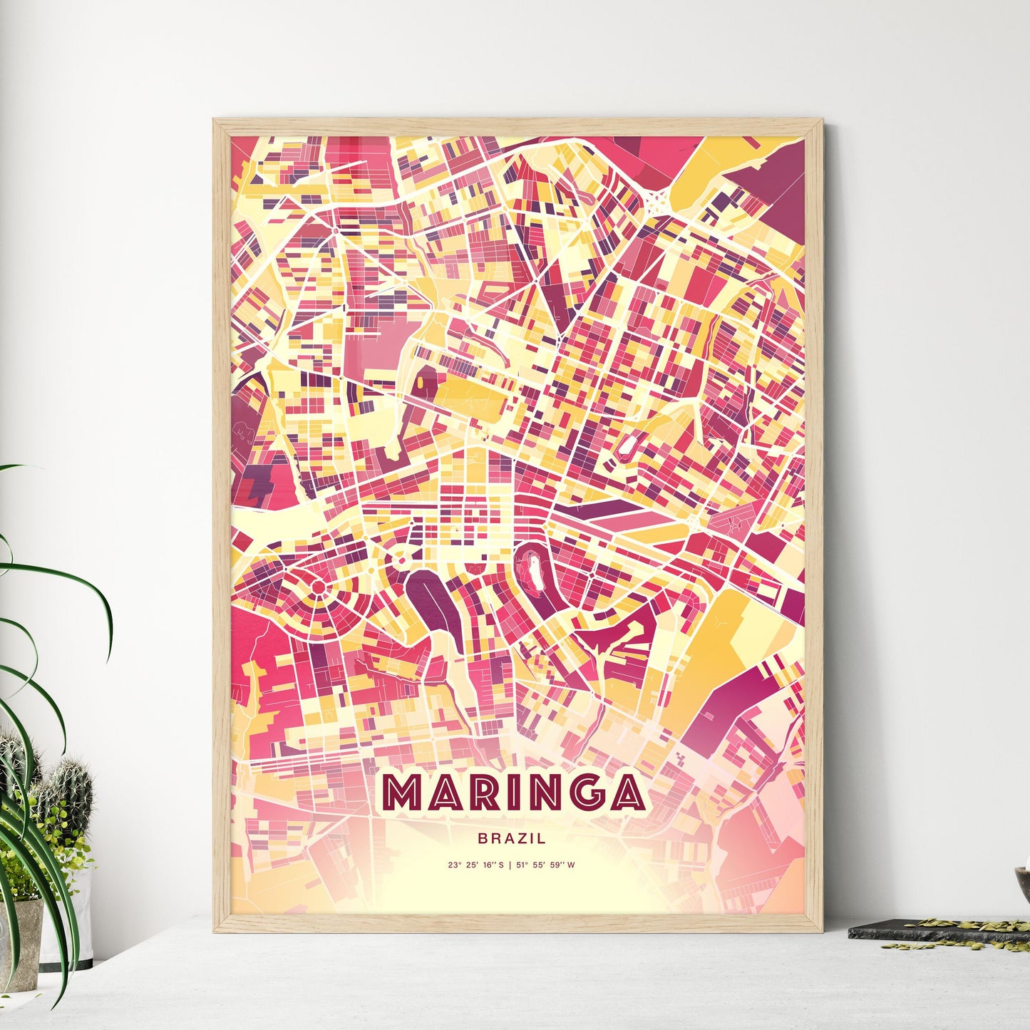 Colorful MARINGA BRAZIL Fine Art Map Hot Red