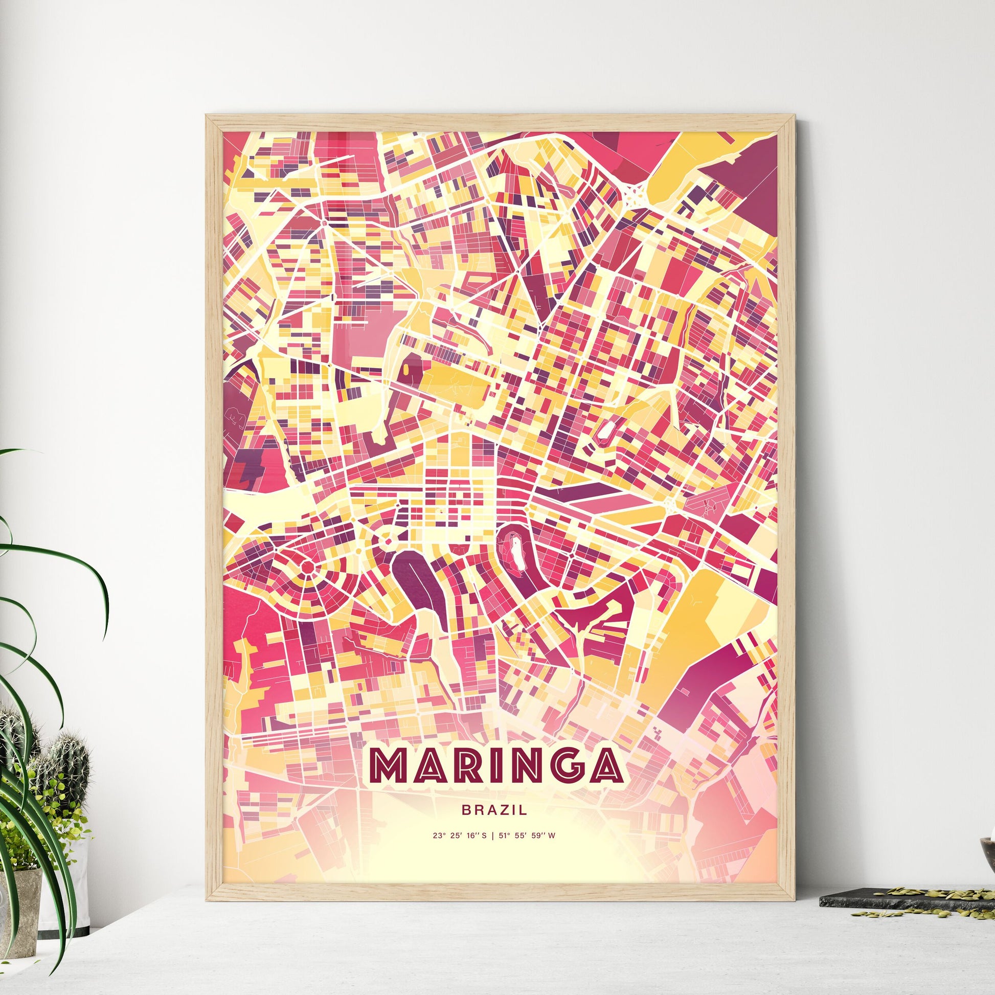 Colorful MARINGA BRAZIL Fine Art Map Hot Red