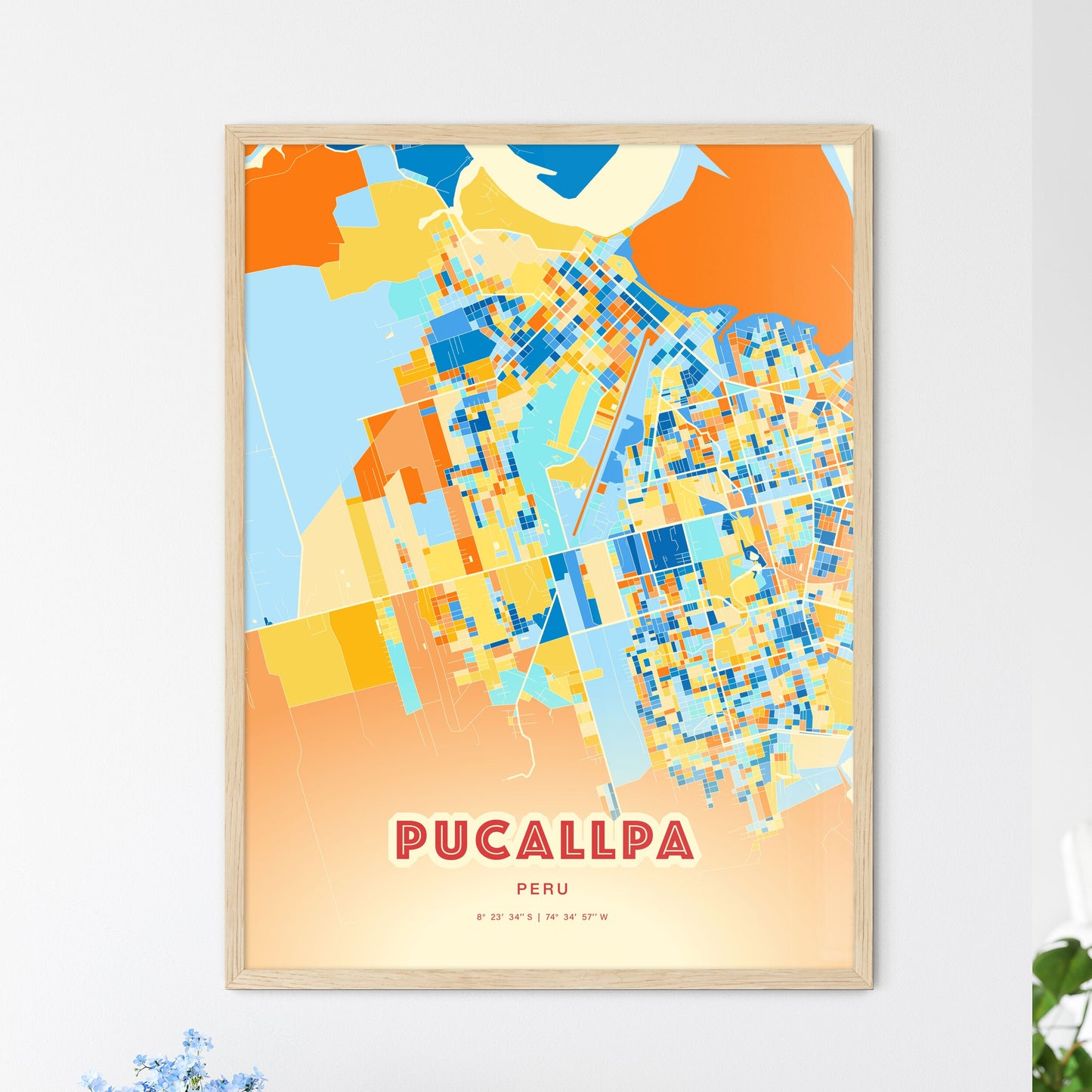 Colorful PUCALLPA PERU Fine Art Map Blue Orange