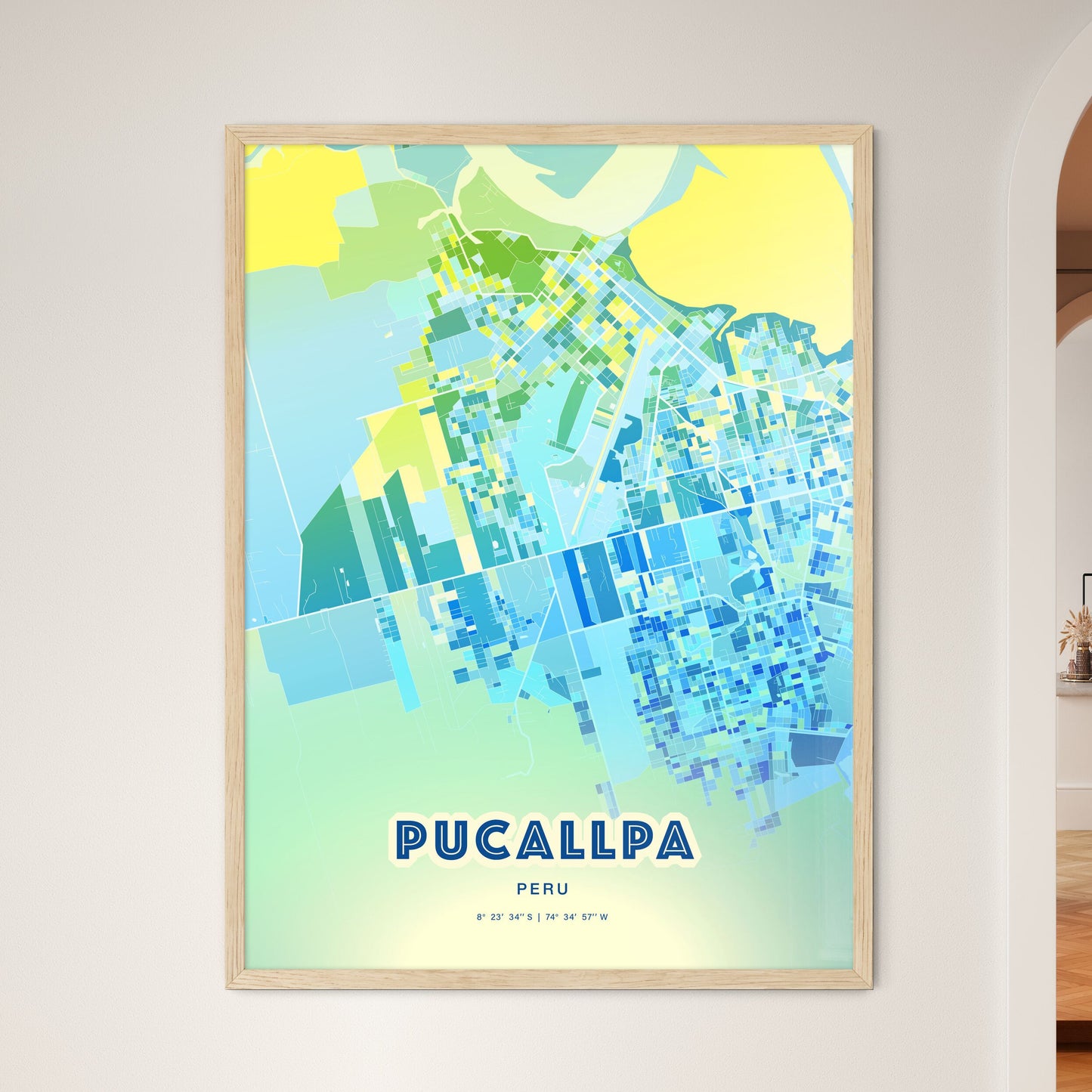 Colorful PUCALLPA PERU Fine Art Map Cool Blue