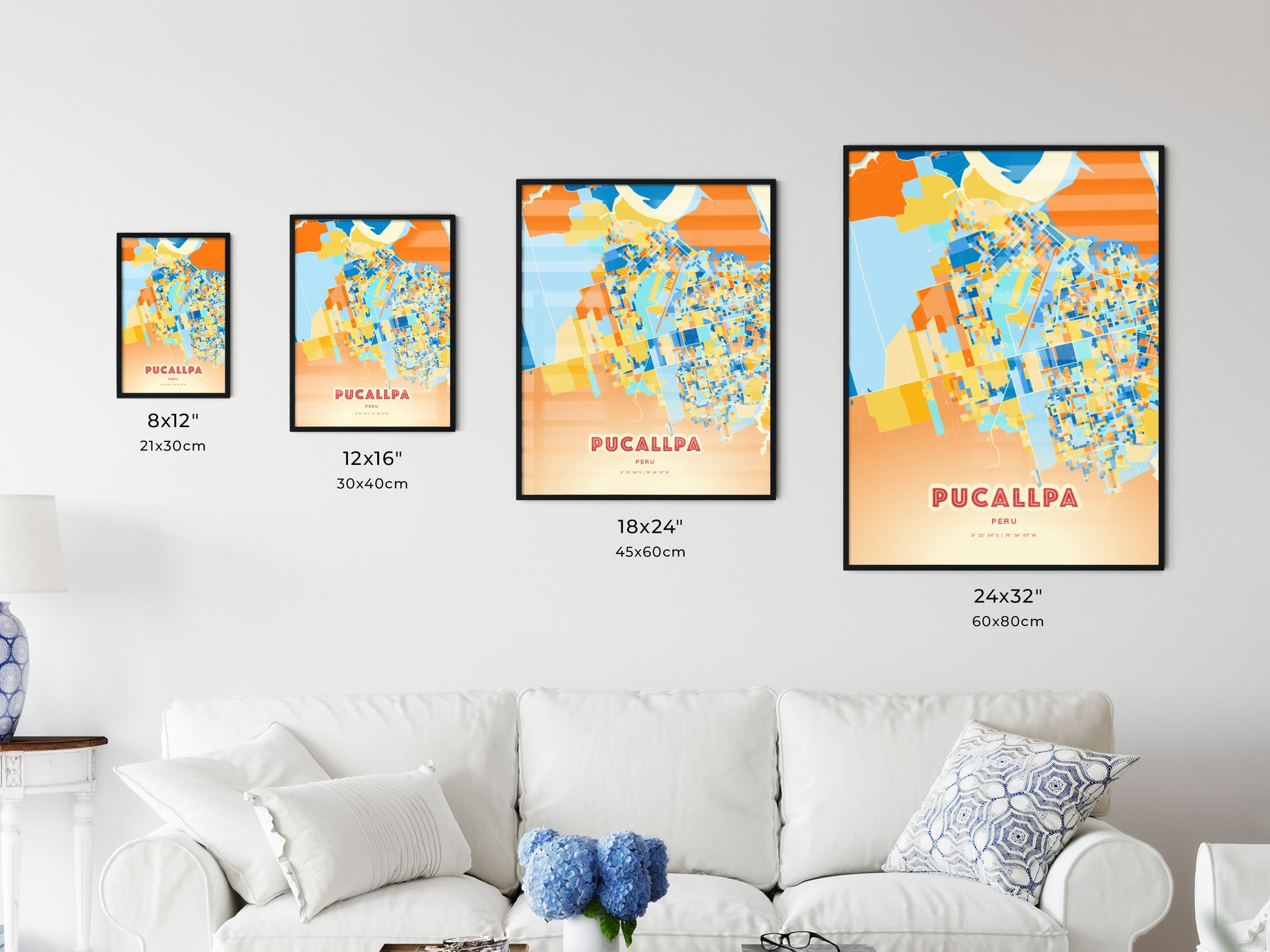 Colorful PUCALLPA PERU Fine Art Map Blue Orange