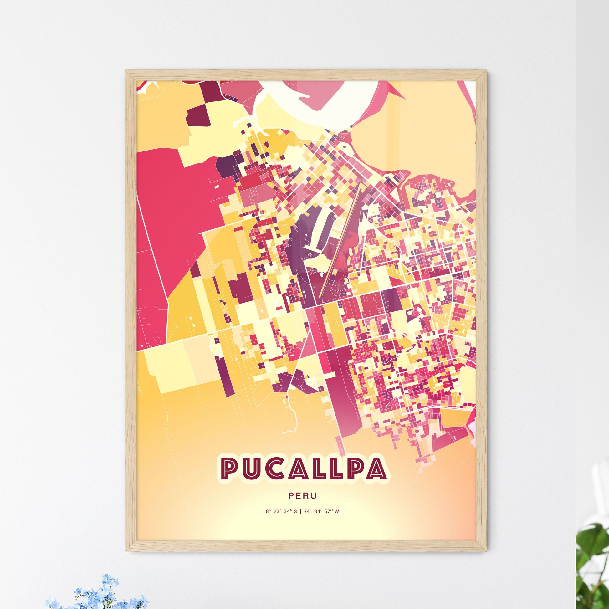 Colorful PUCALLPA PERU Fine Art Map Hot Red