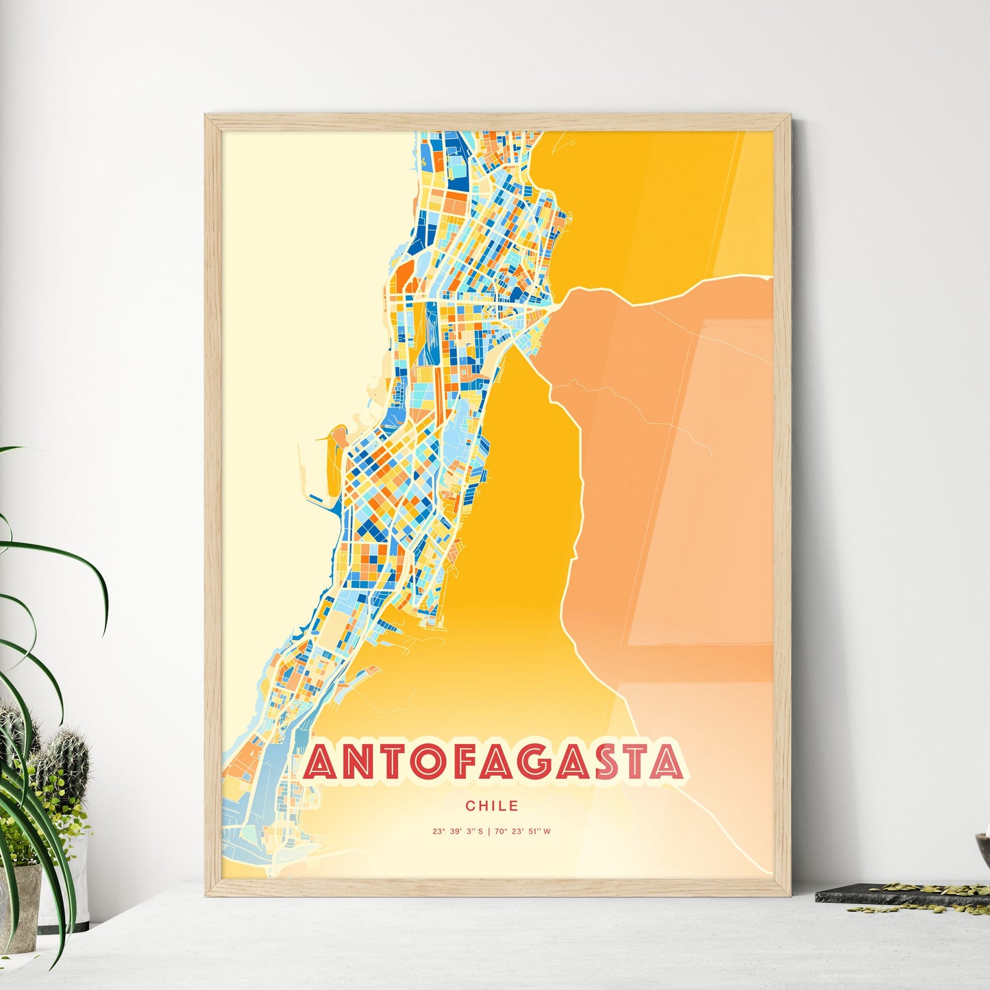 Colorful ANTOFAGASTA CHILE Fine Art Map Blue Orange