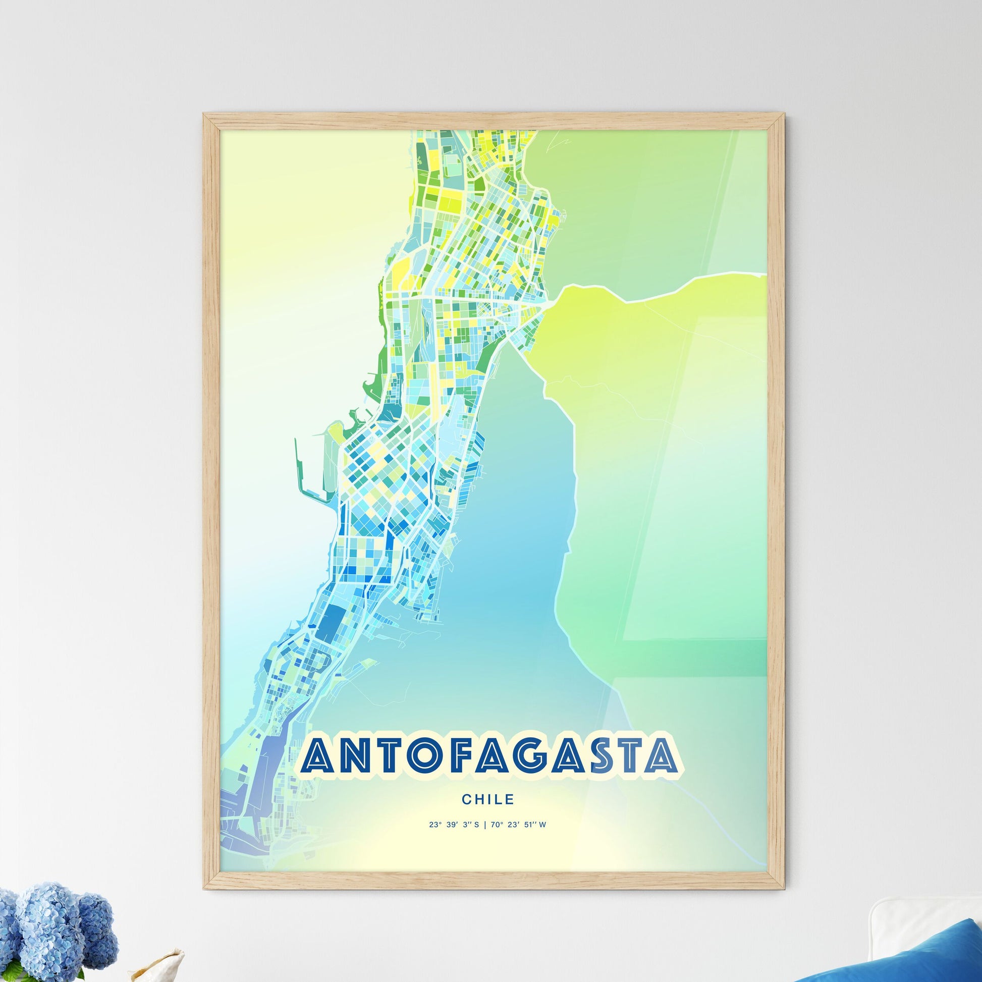 Colorful ANTOFAGASTA CHILE Fine Art Map Cool Blue