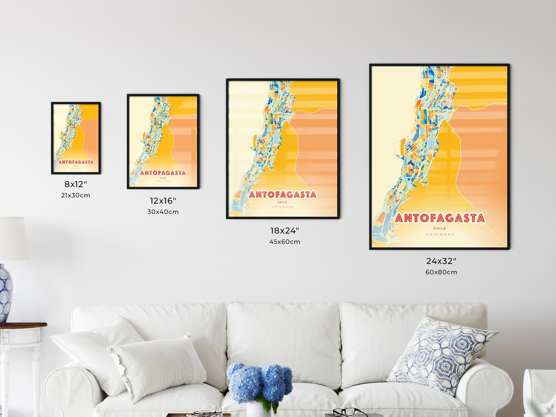 Colorful ANTOFAGASTA CHILE Fine Art Map Blue Orange