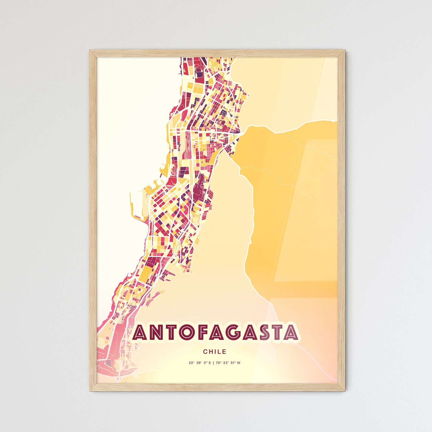 Colorful ANTOFAGASTA CHILE Fine Art Map Hot Red