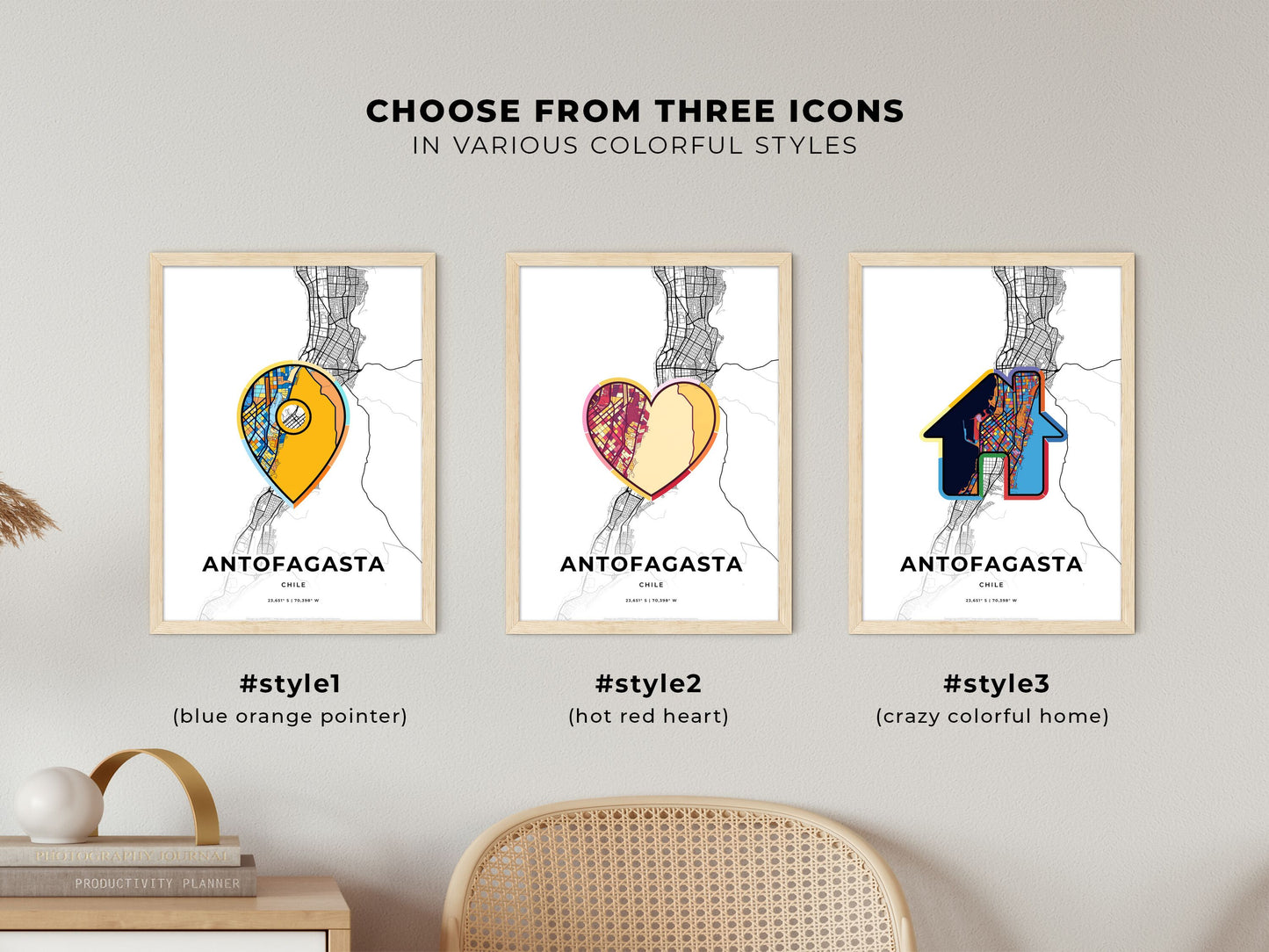 Antofagasta Chile maps with colorful icons