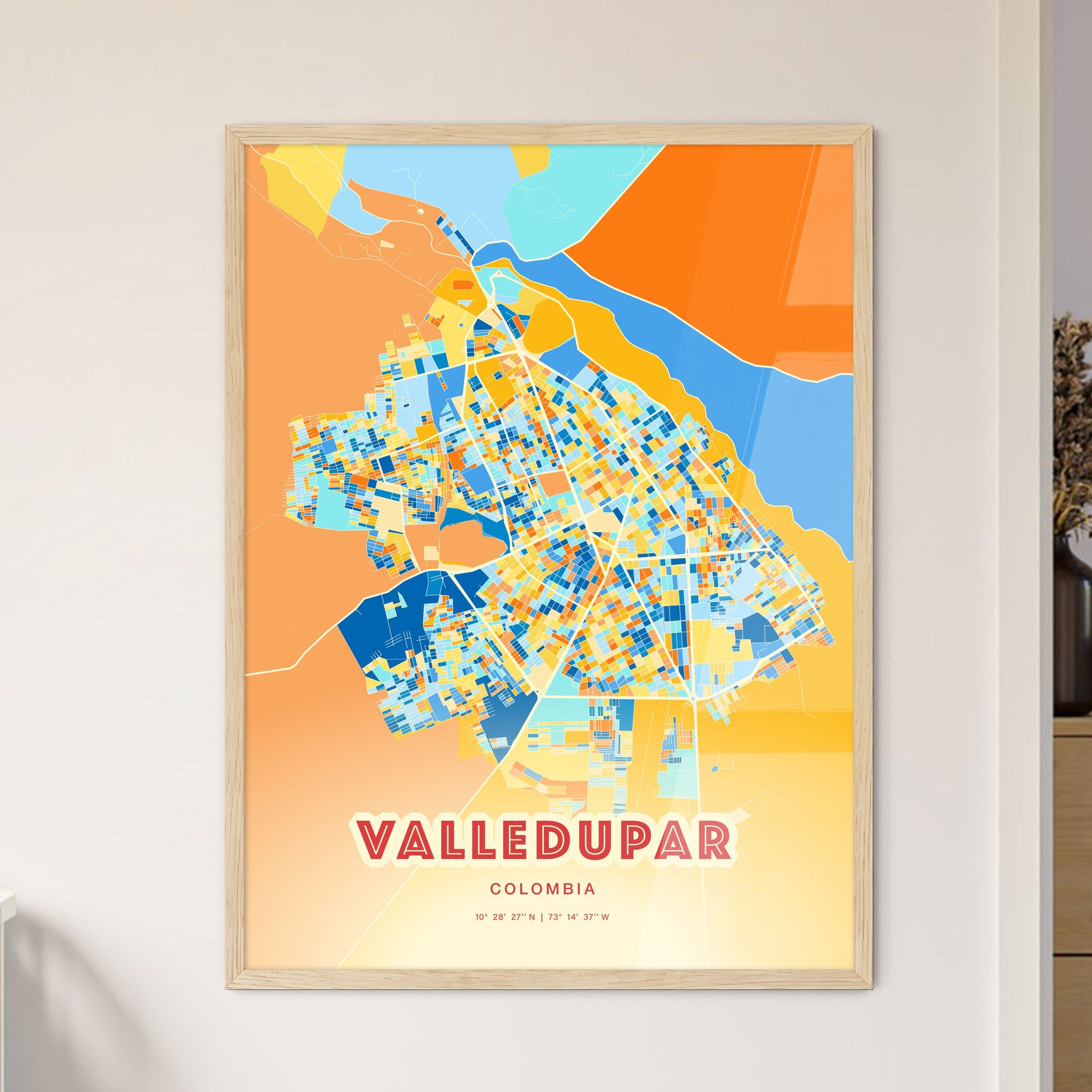 Colorful VALLEDUPAR COLOMBIA Fine Art Map Blue Orange