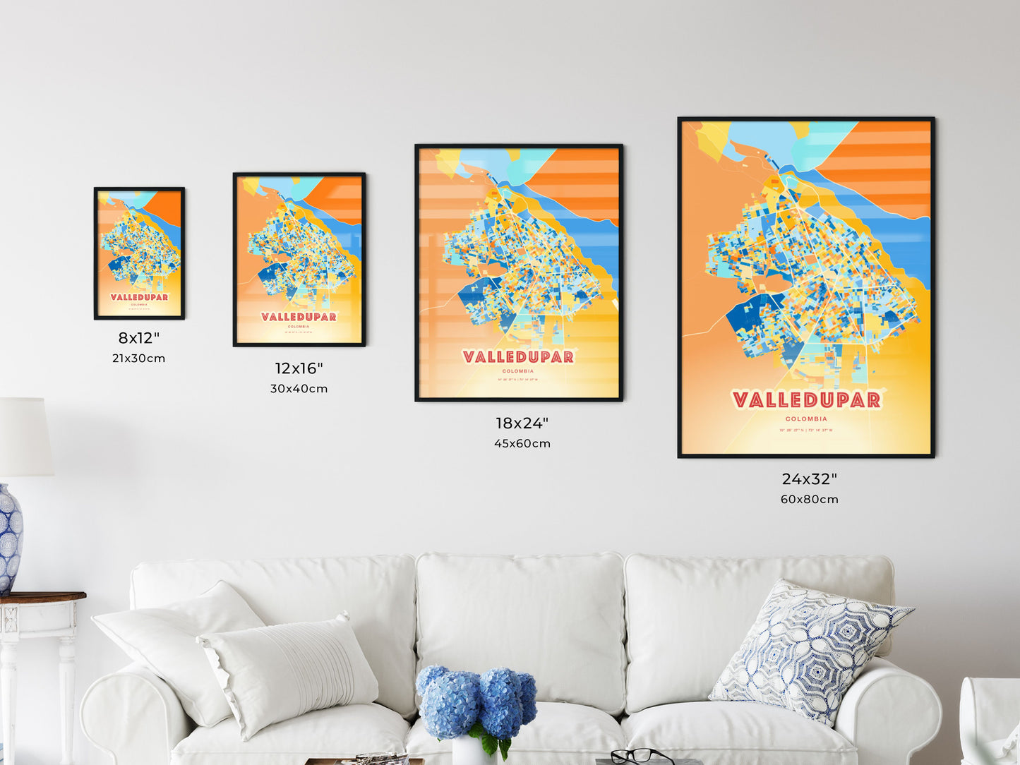 Colorful VALLEDUPAR COLOMBIA Fine Art Map Blue Orange