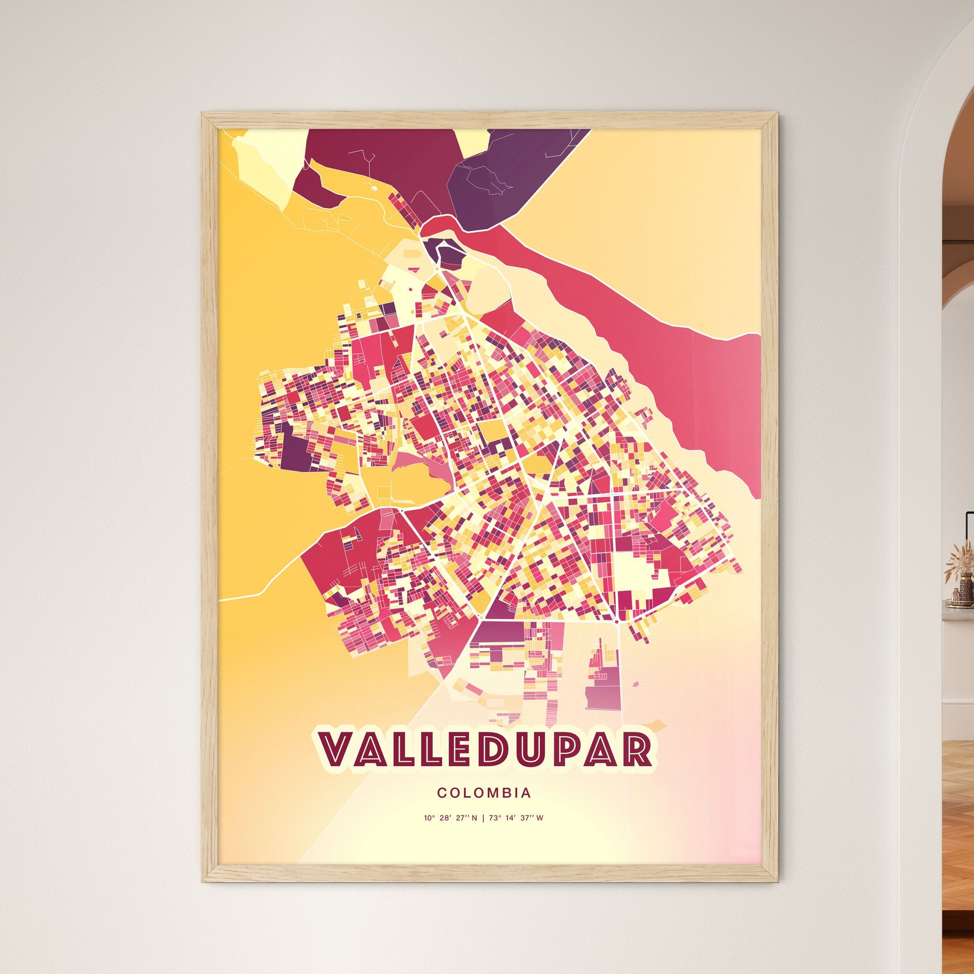 Colorful VALLEDUPAR COLOMBIA Fine Art Map Hot Red