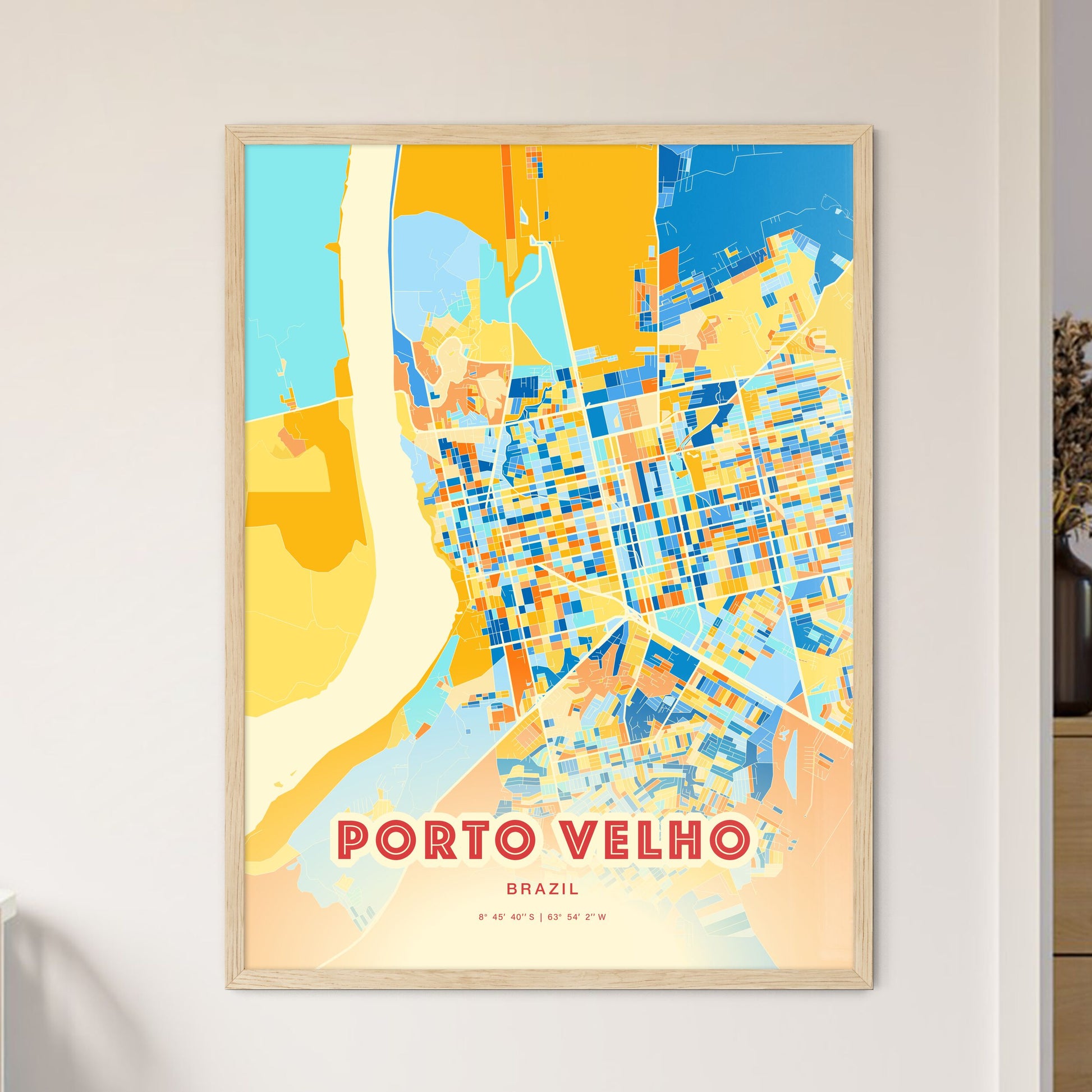 Colorful PORTO VELHO BRAZIL Fine Art Map Blue Orange