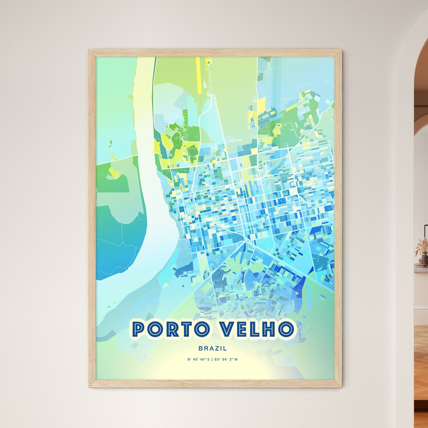 Colorful PORTO VELHO BRAZIL Fine Art Map Cool Blue