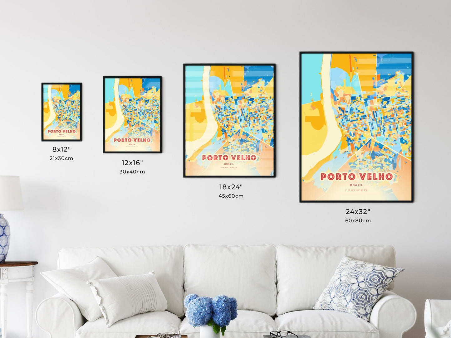 Colorful PORTO VELHO BRAZIL Fine Art Map Blue Orange