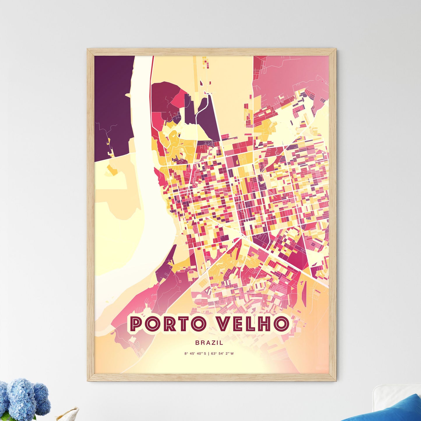 Colorful PORTO VELHO BRAZIL Fine Art Map Hot Red