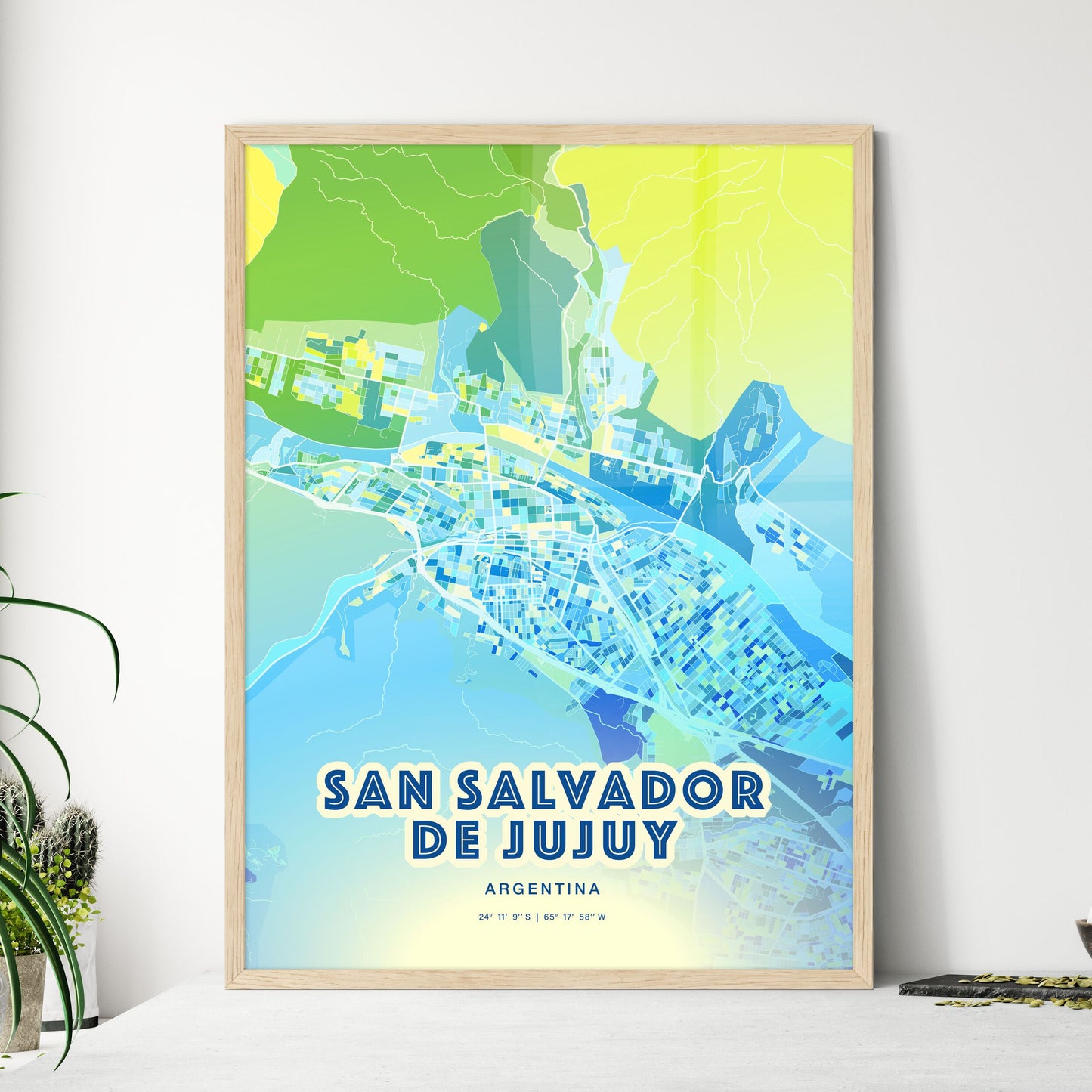 Colorful SAN SALVADOR DE JUJUY ARGENTINA Fine Art Map Cool Blue