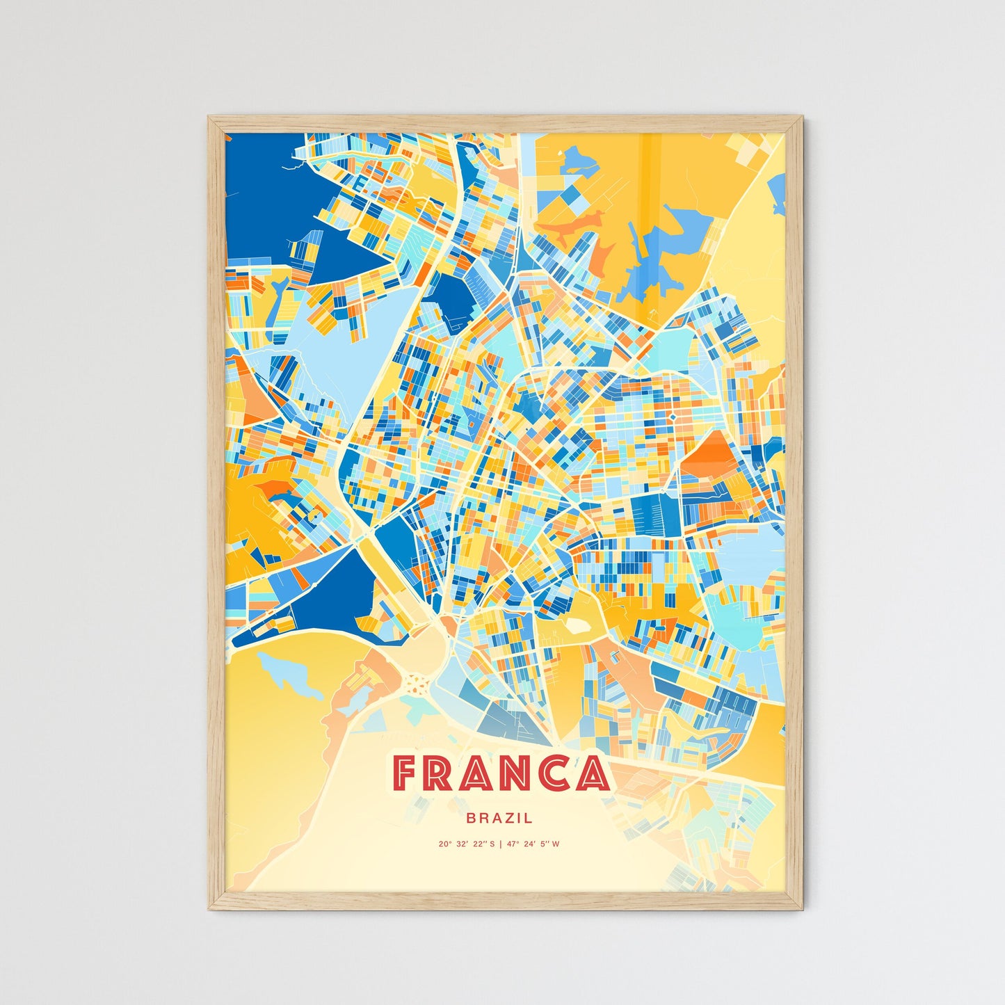 Colorful FRANCA BRAZIL Fine Art Map Blue Orange