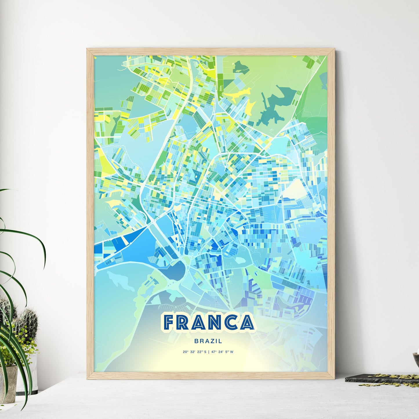 Colorful FRANCA BRAZIL Fine Art Map Cool Blue