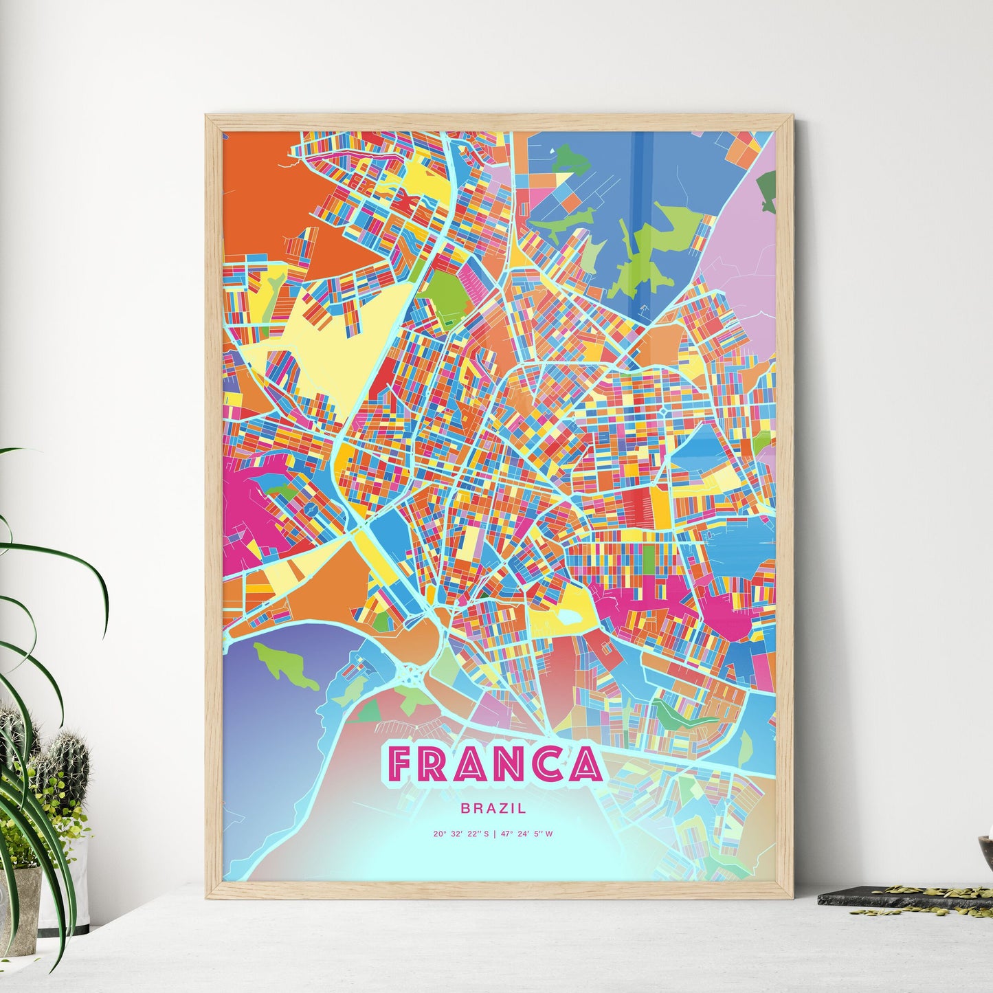 Colorful FRANCA BRAZIL Fine Art Map Crazy Colors