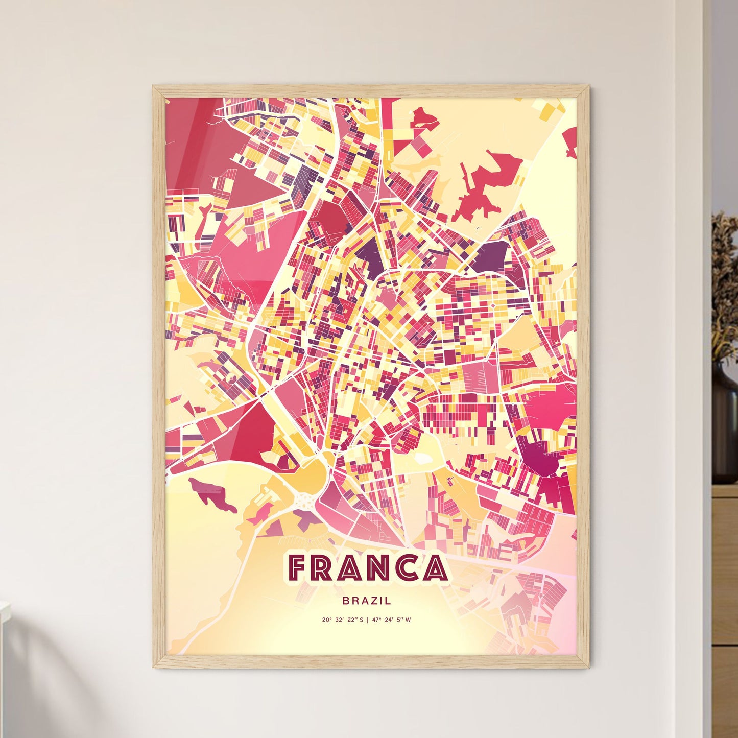 Colorful FRANCA BRAZIL Fine Art Map Hot Red