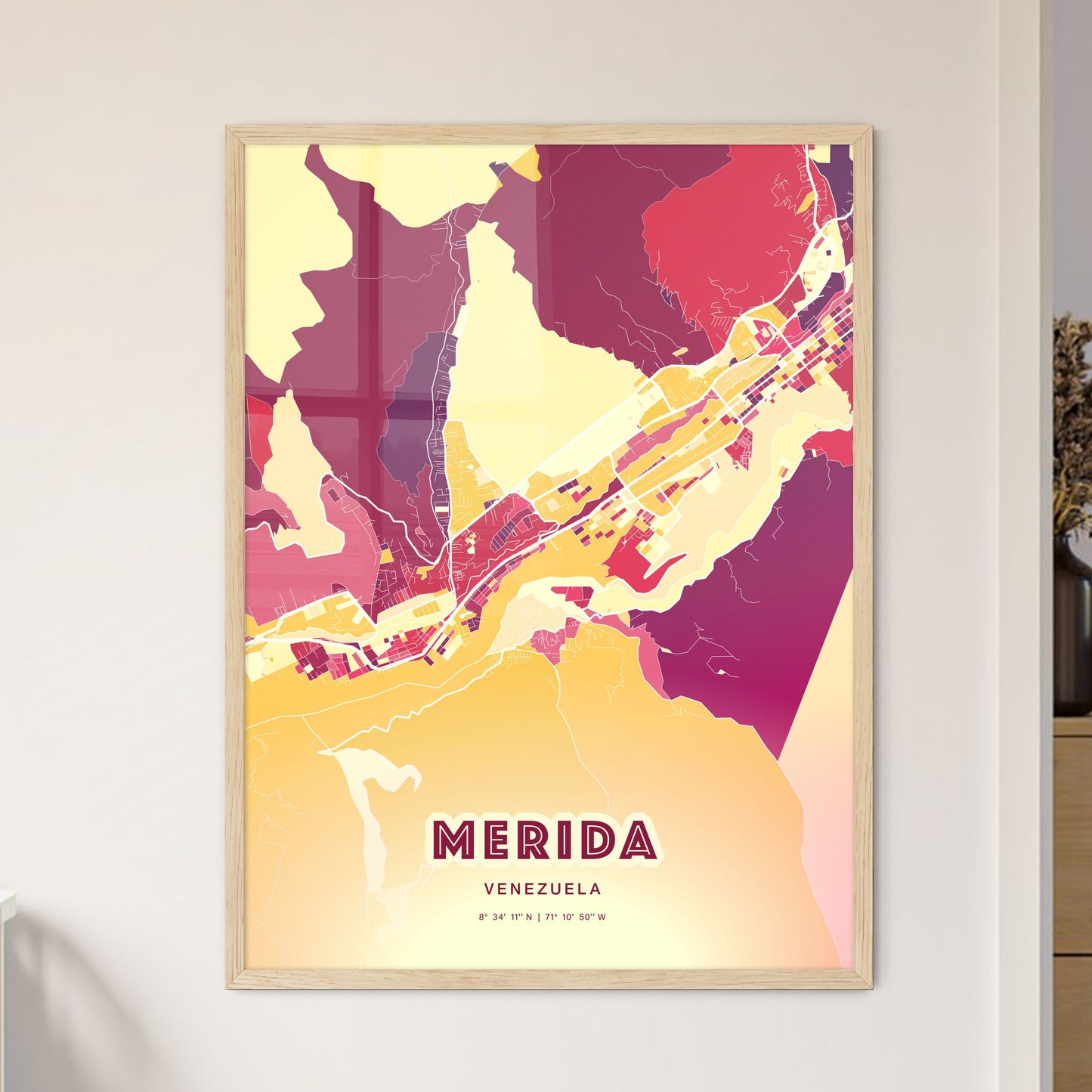 Colorful MERIDA VENEZUELA Fine Art Map Hot Red