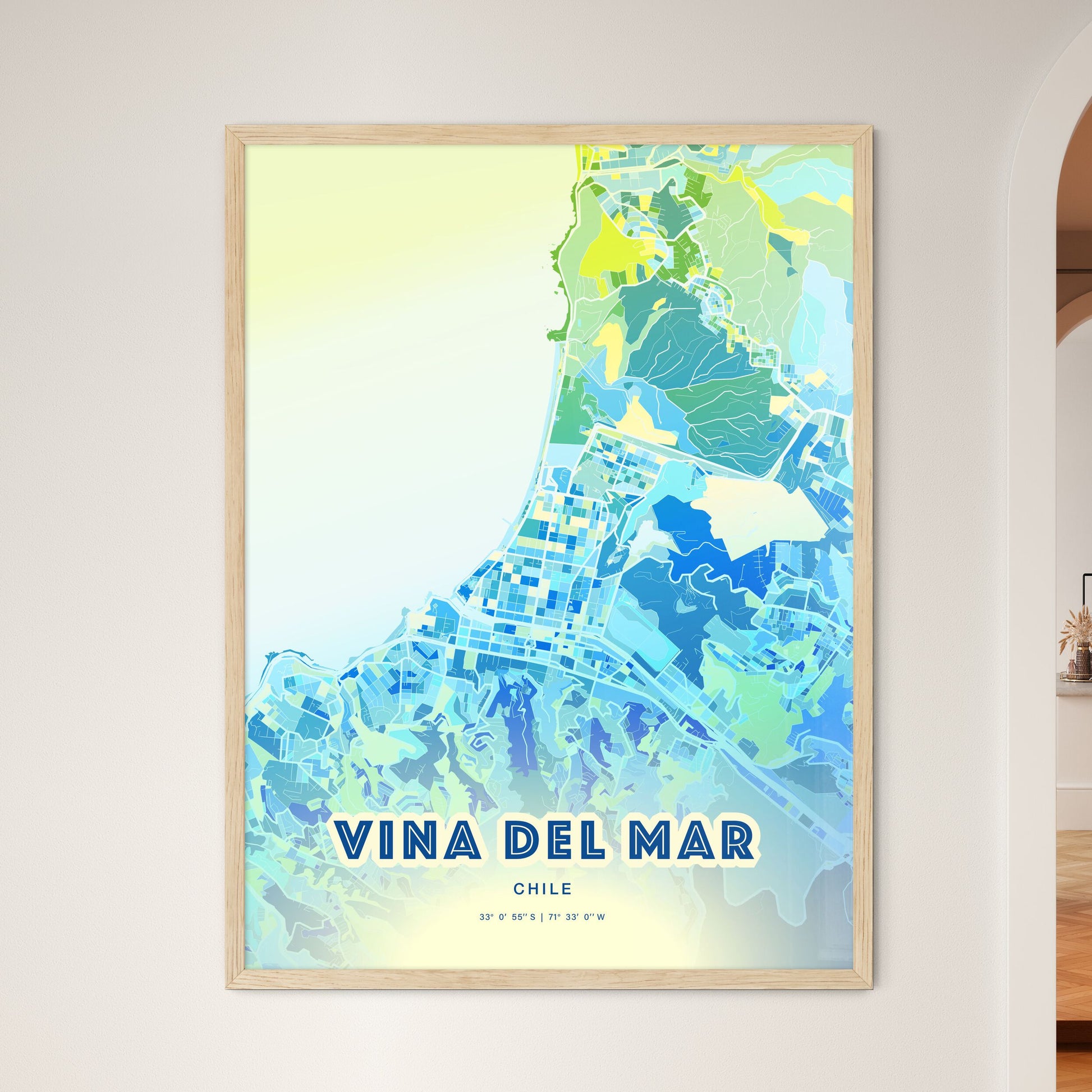 Colorful VINA DEL MAR CHILE Fine Art Map Cool Blue