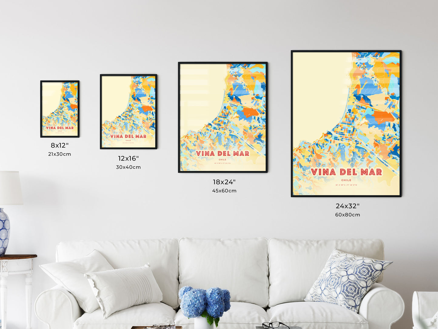 Colorful VINA DEL MAR CHILE Fine Art Map Blue Orange