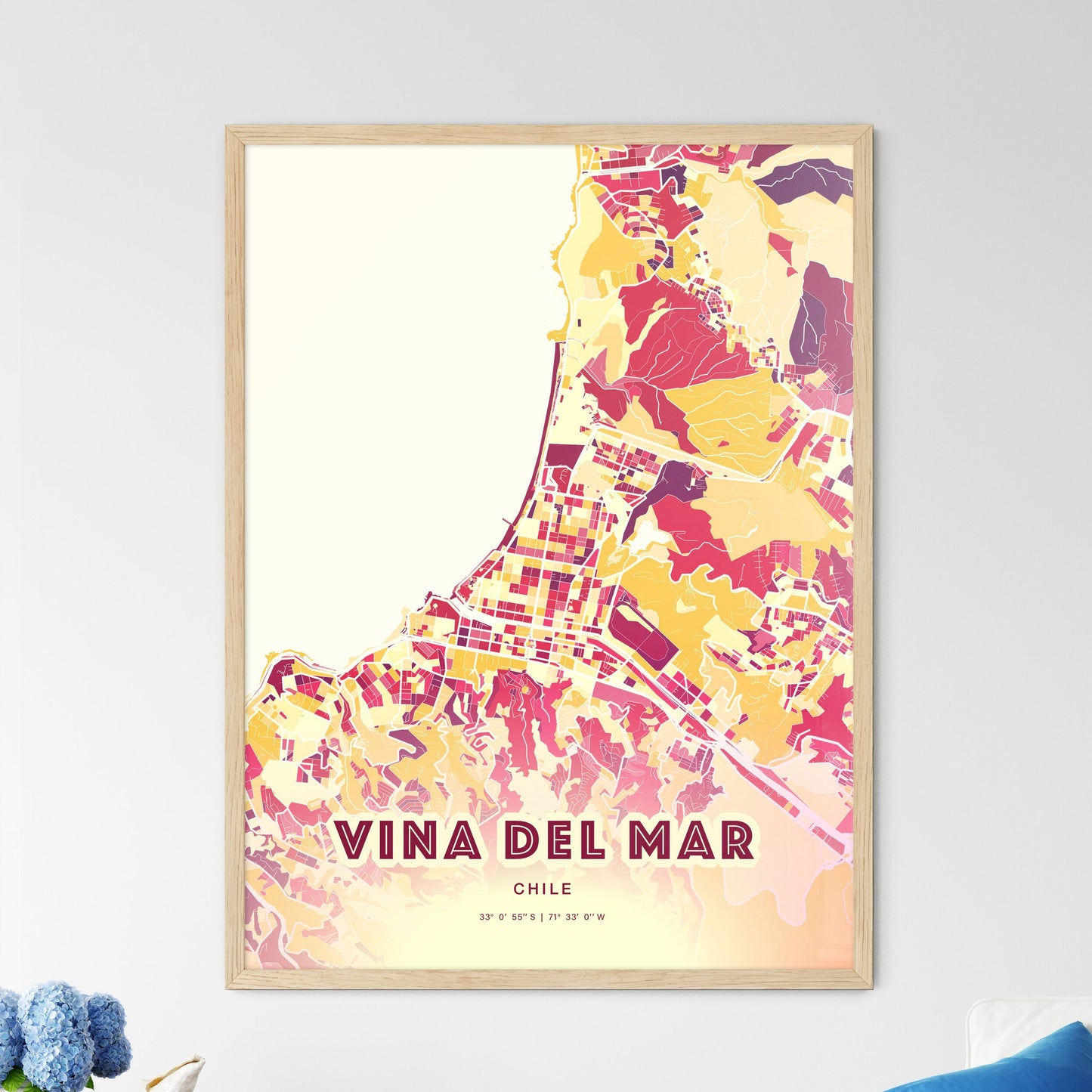 Colorful VINA DEL MAR CHILE Fine Art Map Hot Red