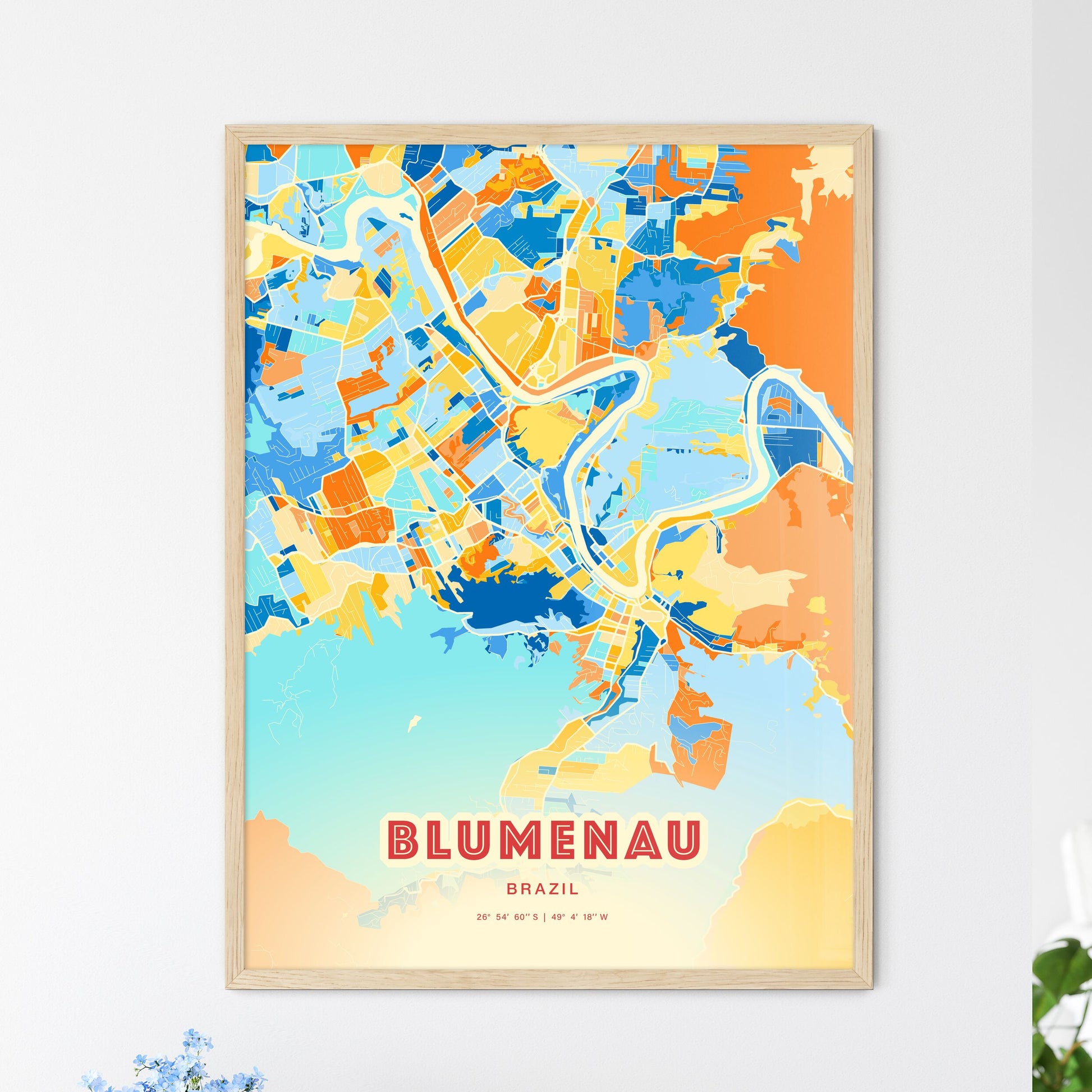 Colorful BLUMENAU BRAZIL Fine Art Map Blue Orange