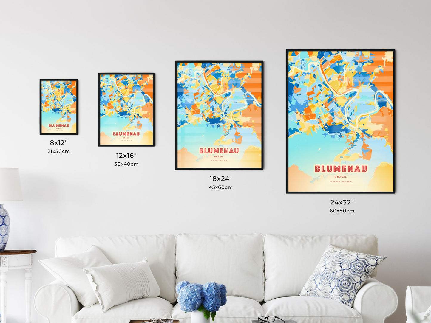 Colorful BLUMENAU BRAZIL Fine Art Map Blue Orange