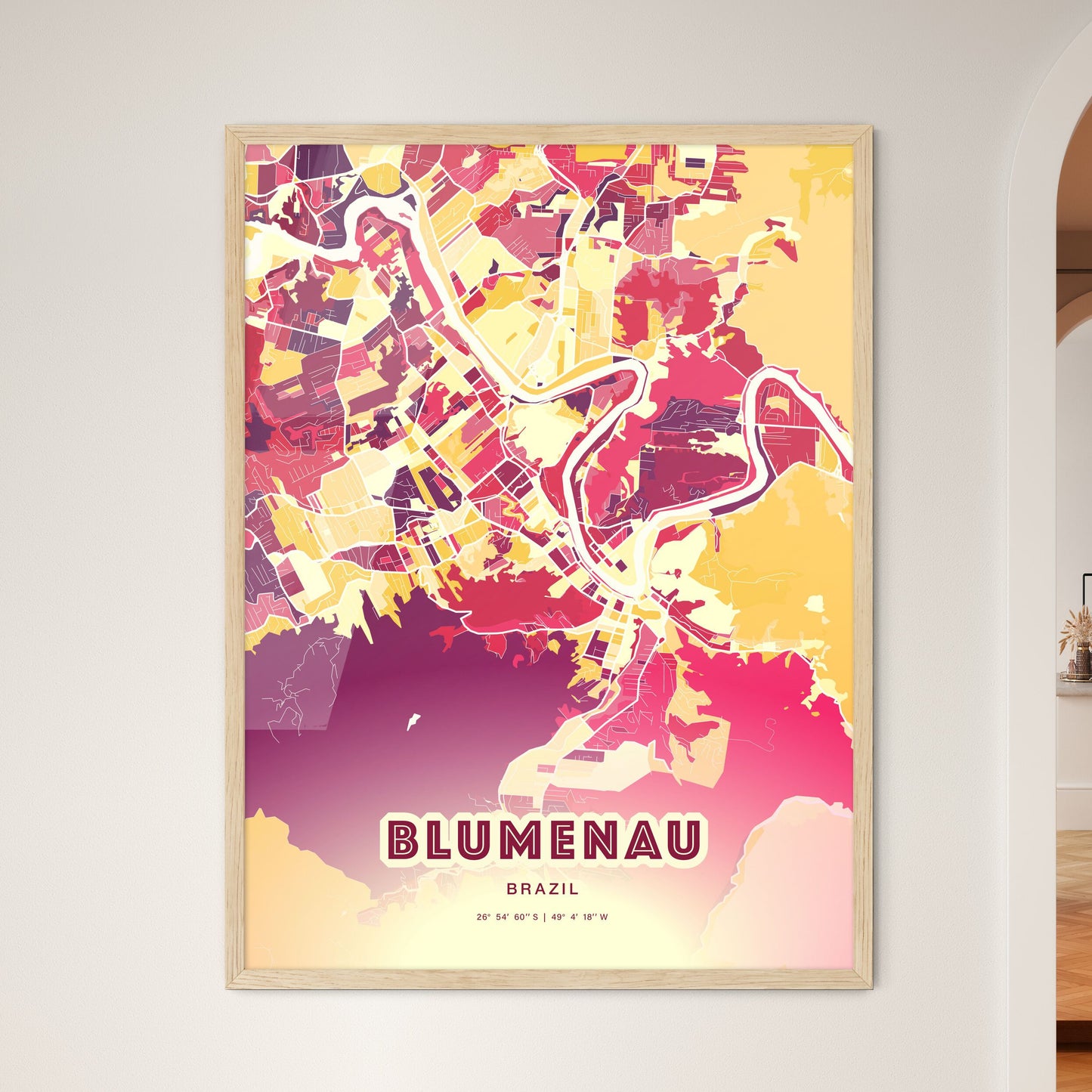 Colorful BLUMENAU BRAZIL Fine Art Map Hot Red