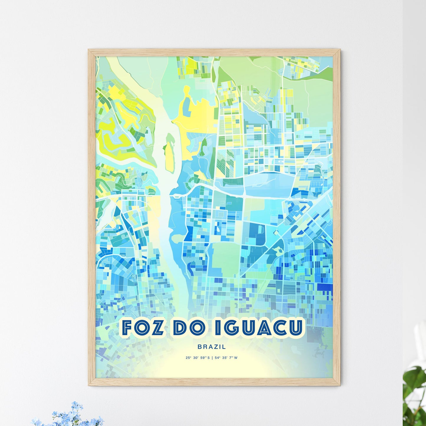 Colorful FOZ DO IGUACU BRAZIL Fine Art Map Cool Blue