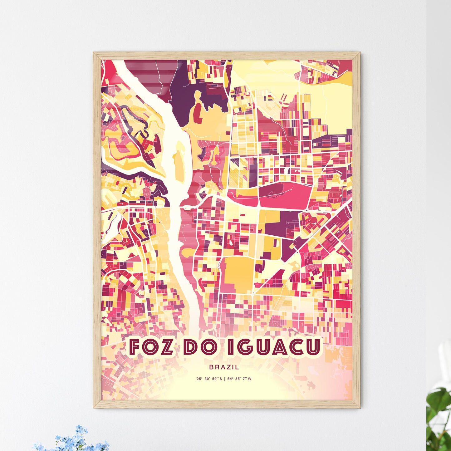 Colorful FOZ DO IGUACU BRAZIL Fine Art Map Hot Red