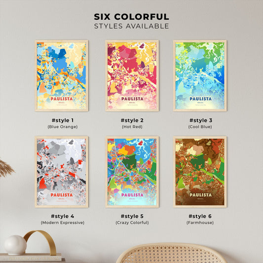 Colorful PAULISTA BRAZIL Fine Art Map Blue Orange