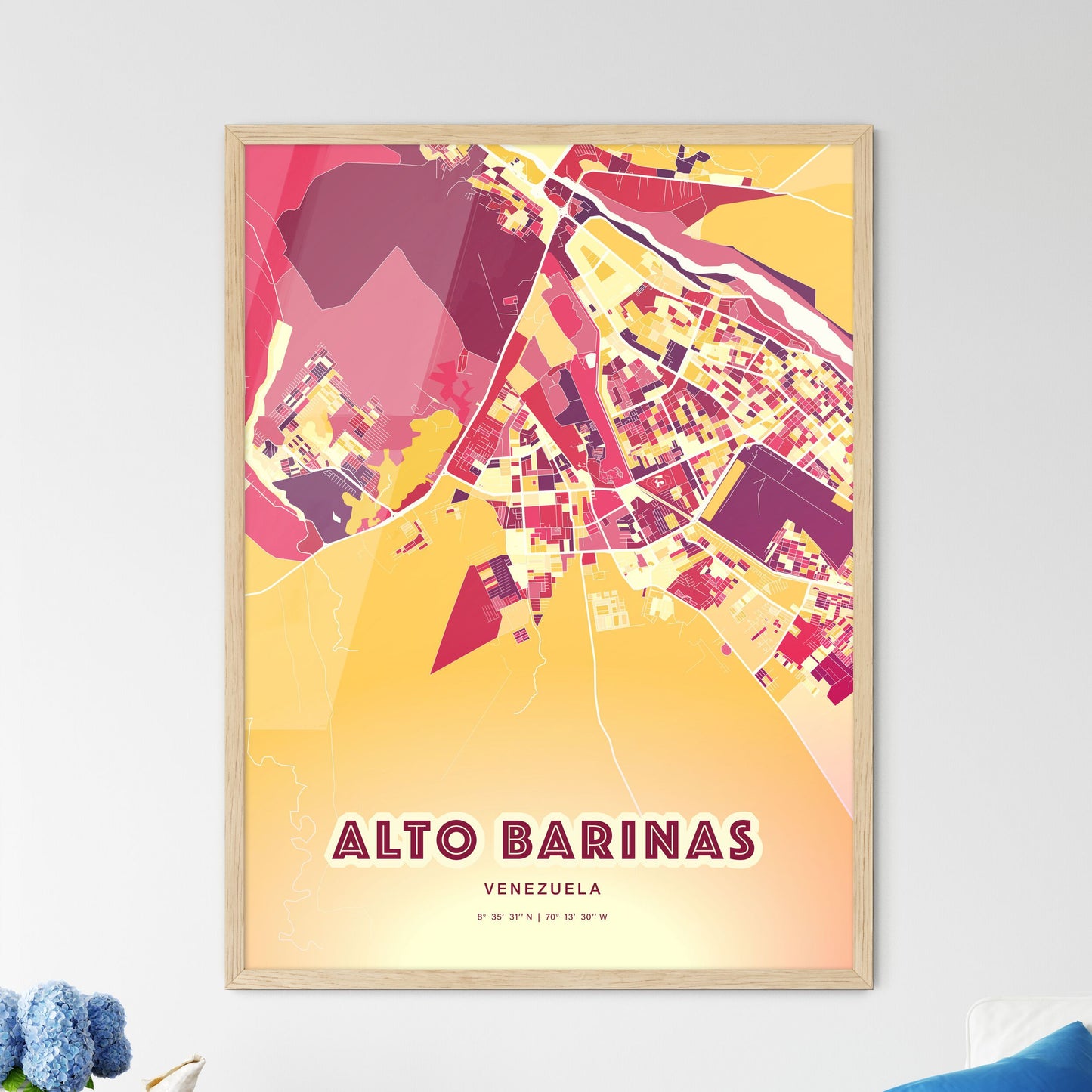 Colorful ALTO BARINAS VENEZUELA Fine Art Map Hot Red