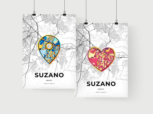 SUZANO BRAZIL minimal art map with a colorful icon. Where it all began, Couple map gift.