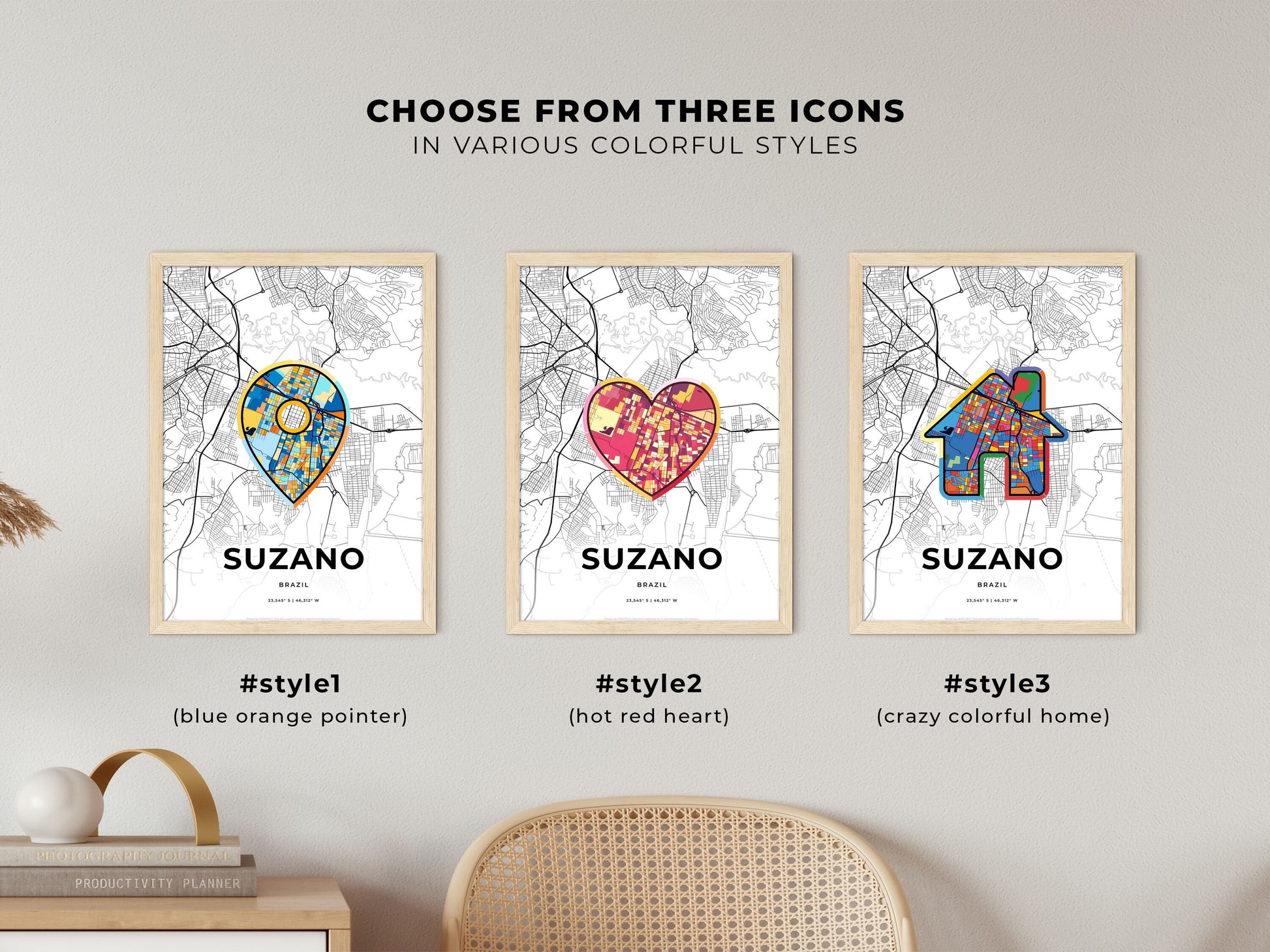 Suzano Brazil maps with colorful icons