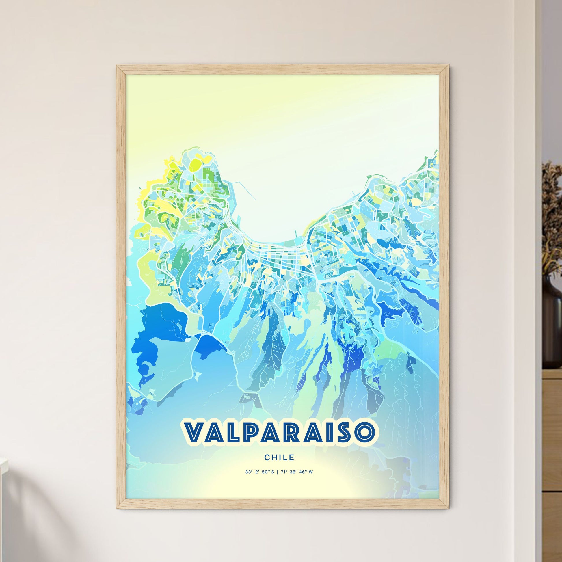 Colorful VALPARAISO CHILE Fine Art Map Cool Blue