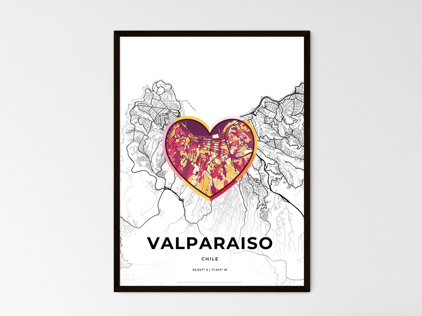 Valparaiso Chile wedding art map with heart icon