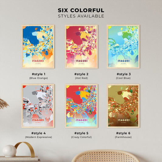 Colorful ITAGUEI COLOMBIA Fine Art Map Blue Orange