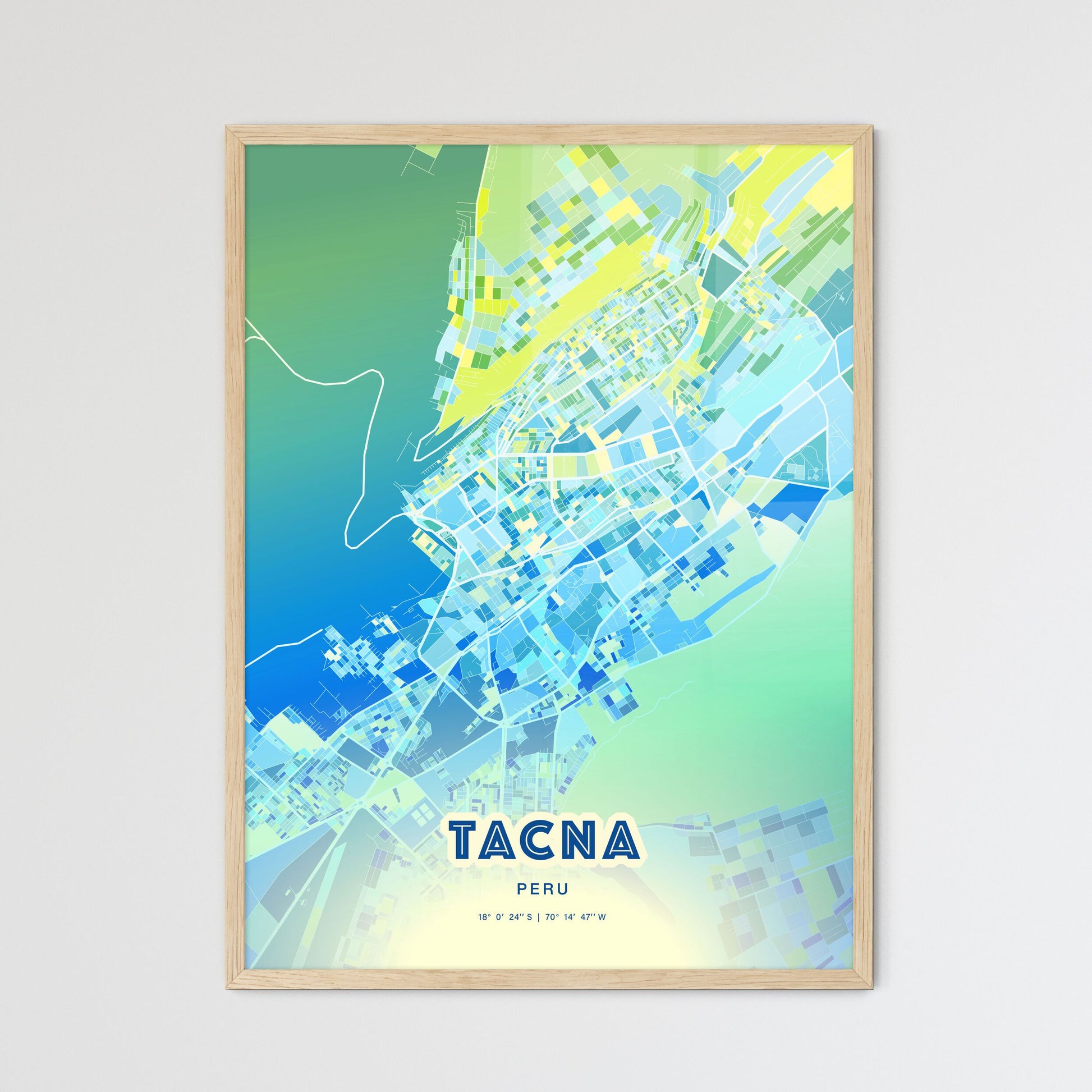 Colorful TACNA PERU Fine Art Map Cool Blue