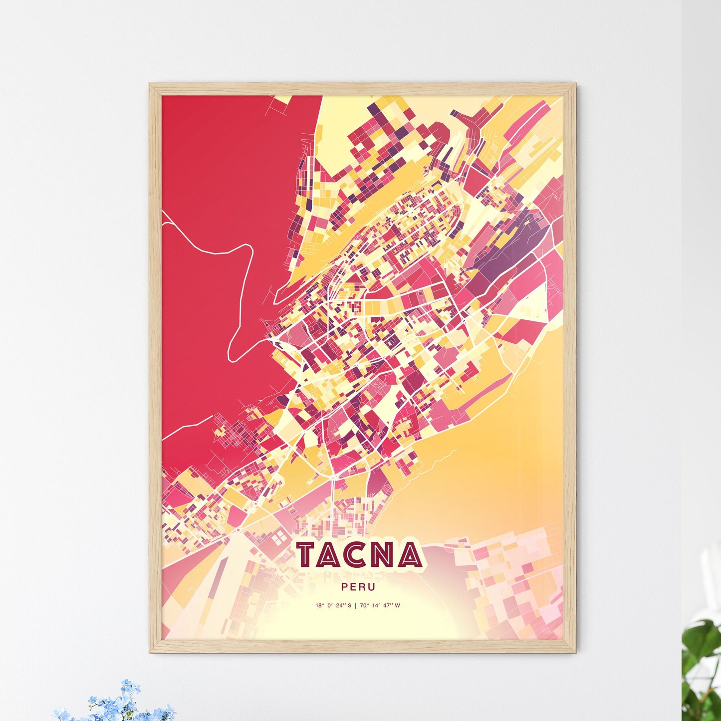 Colorful TACNA PERU Fine Art Map Hot Red