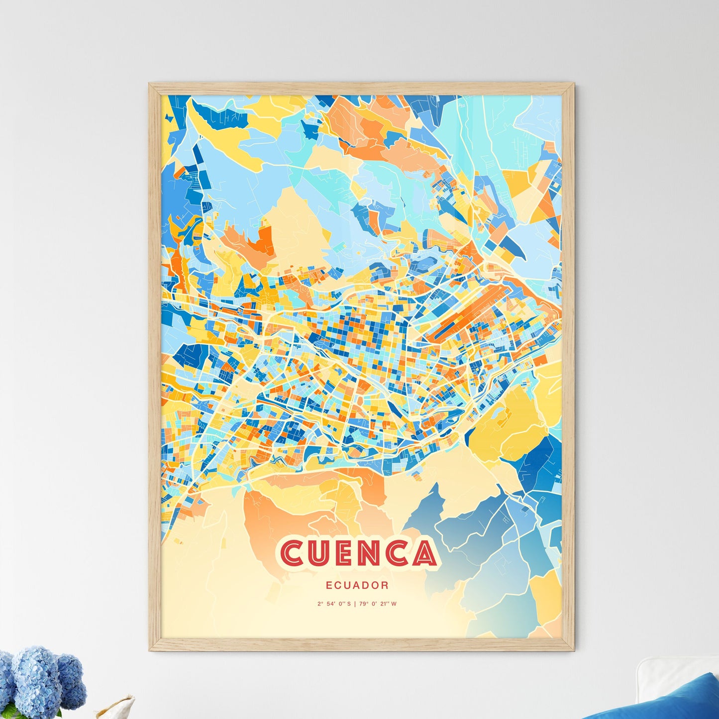 Colorful CUENCA ECUADOR Fine Art Map Blue Orange