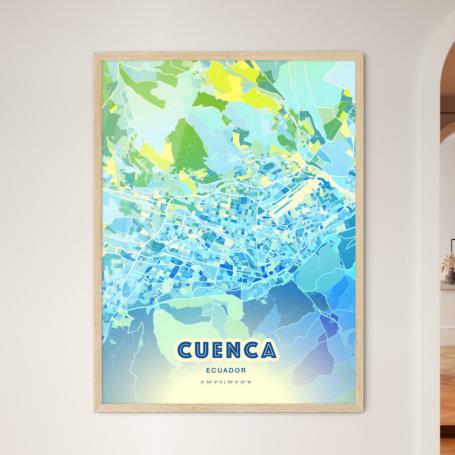 Colorful CUENCA ECUADOR Fine Art Map Cool Blue