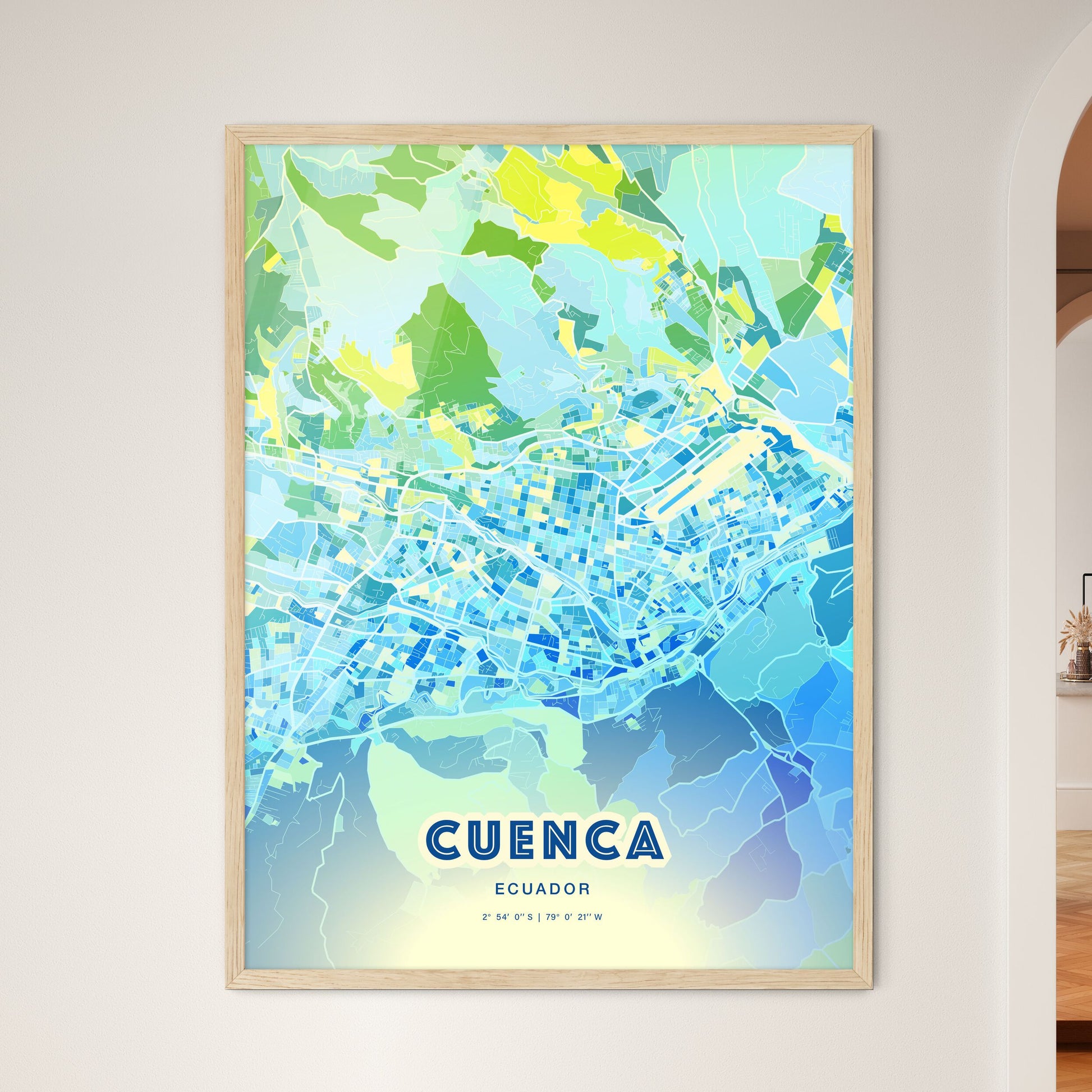 Colorful CUENCA ECUADOR Fine Art Map Cool Blue